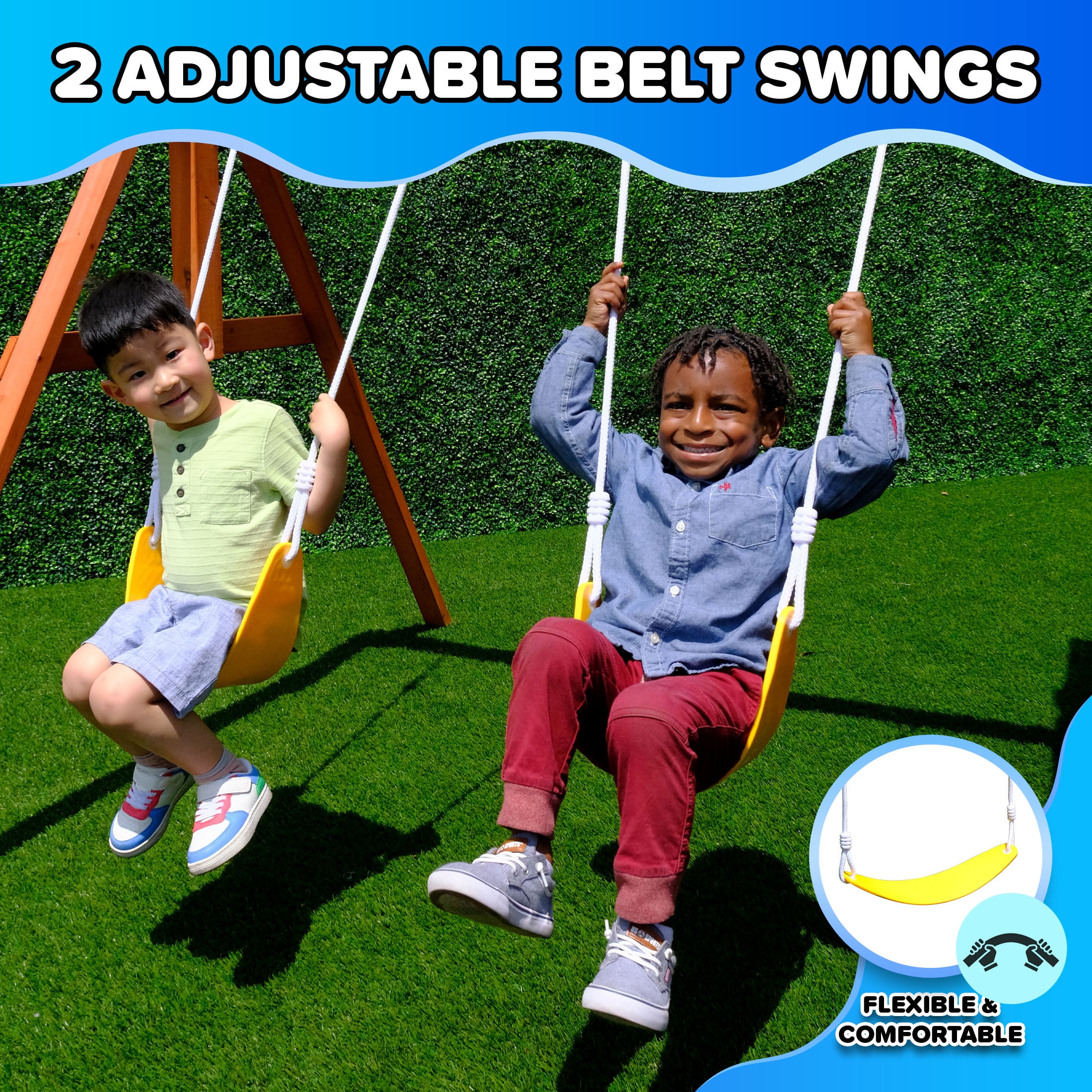 Sportspower Asher Wooden Swing Set with 2 Belt Swings, Rock Climber, and 6ft Slide (Blue, 500 lb Capacity) i3fe5