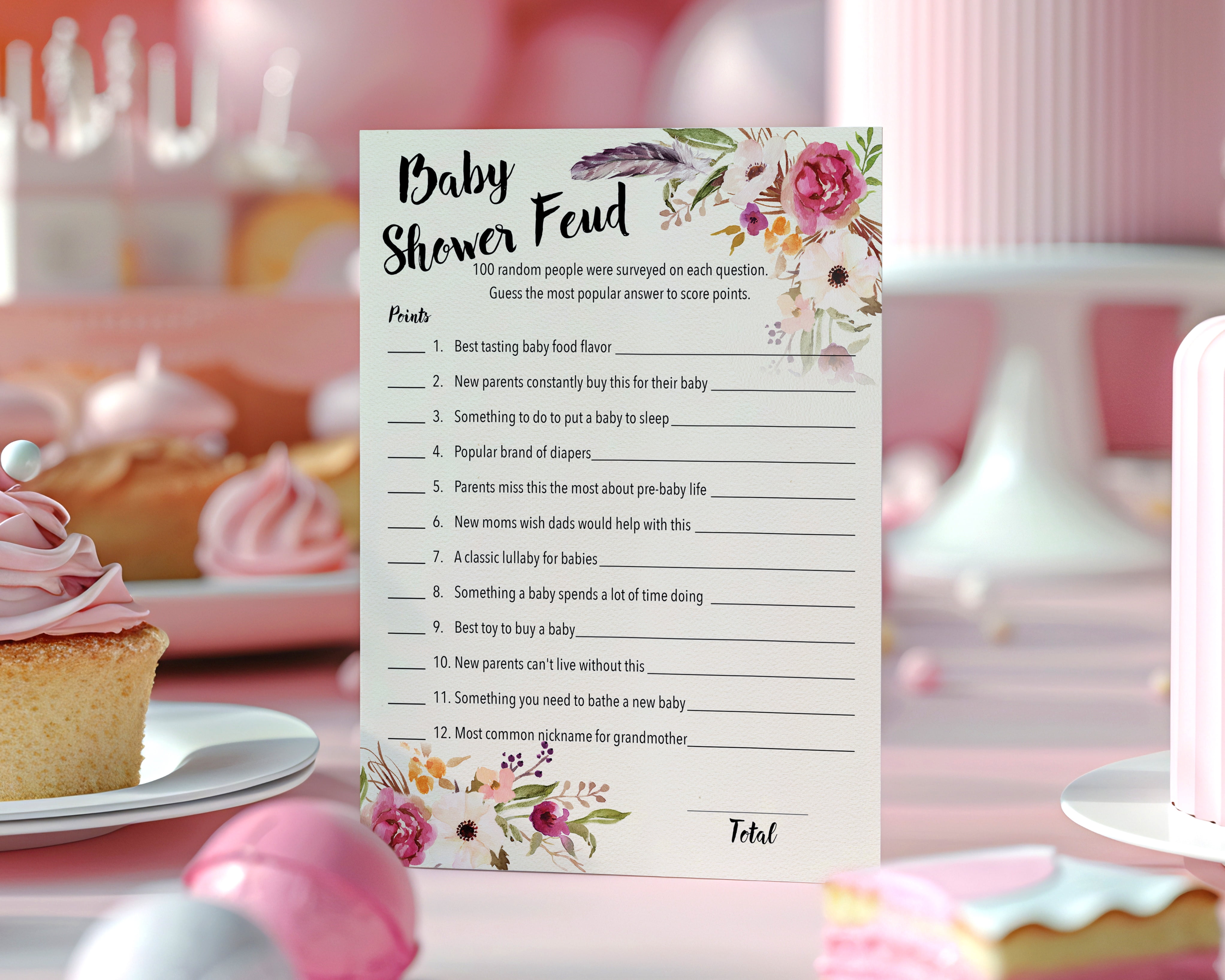 Roseum Collections Boho Baby Shower Feud Game Cards (Pink Floral, 25 Pack, 5 in x 7 in) 5h6tv