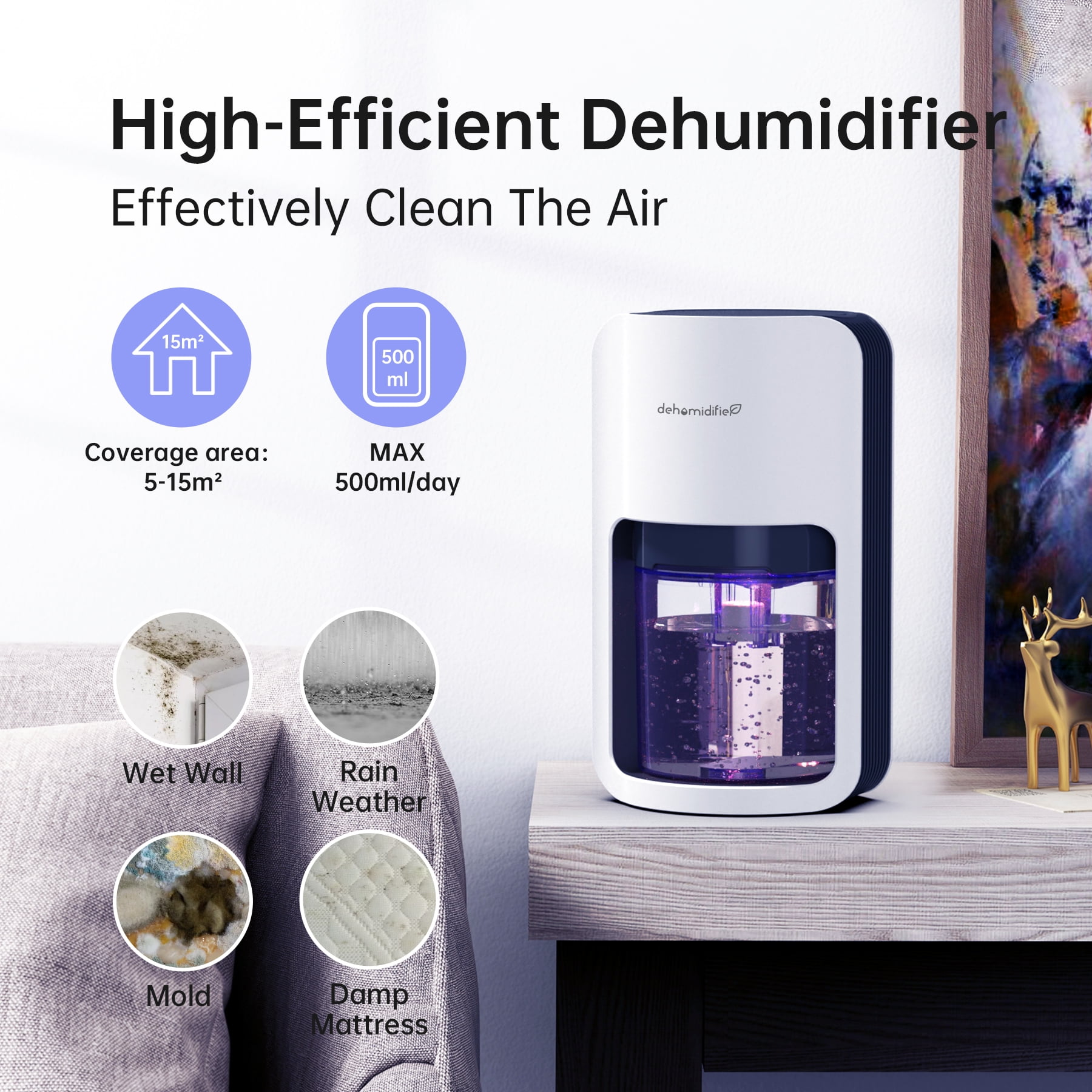 Kloudic Compact Dehumidifier for Home, Ultra Quiet Peltier Technology with Auto Shut Off (White, 40.58 fl oz) wwtak