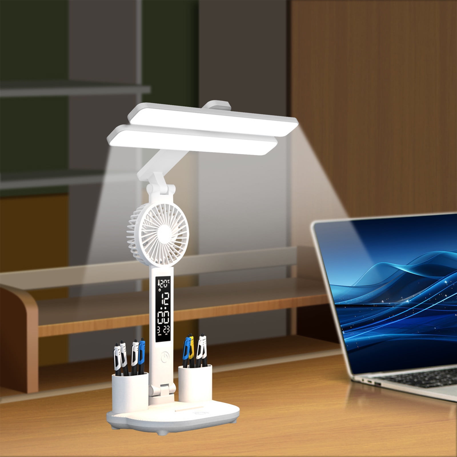 FYTPOV LED Desk Lamp with Pen Holder, Fan, and Clock (Foldable, White) ycyff - Image 6
