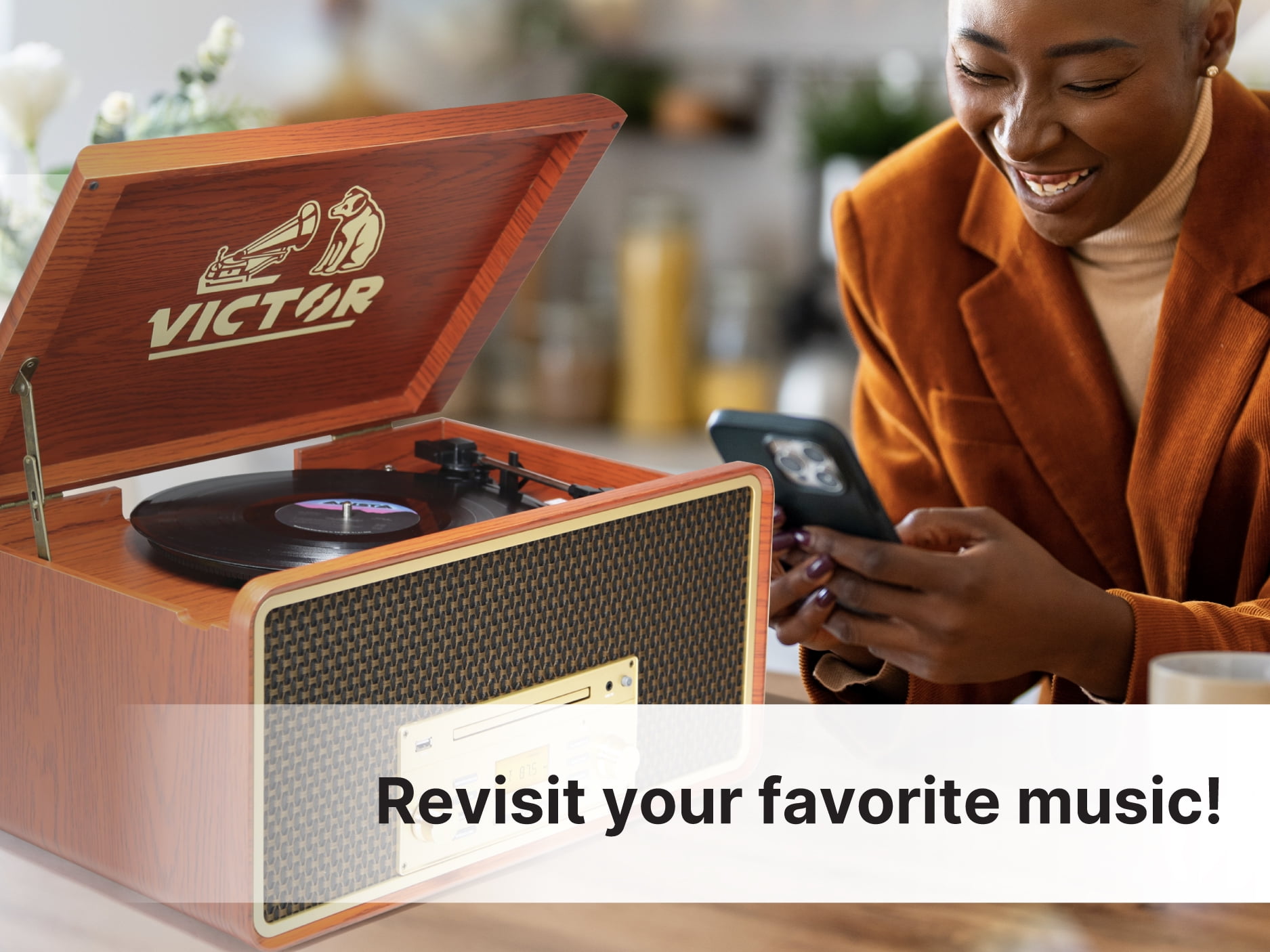 Victor 8-in-1 Music Center Record Player with Bluetooth, CD, Cassette, and AM/FM Radio (Graphite) uis0s