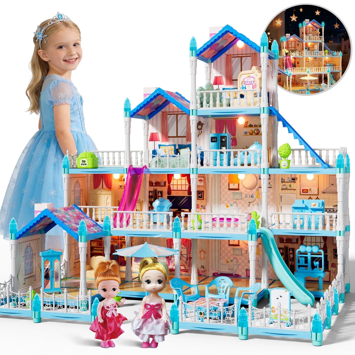 JoyStone Dollhouse with Warm Light, DIY Pretend Play Playhouse with 14 Rooms and 2 Dolls (Blue) w91cf