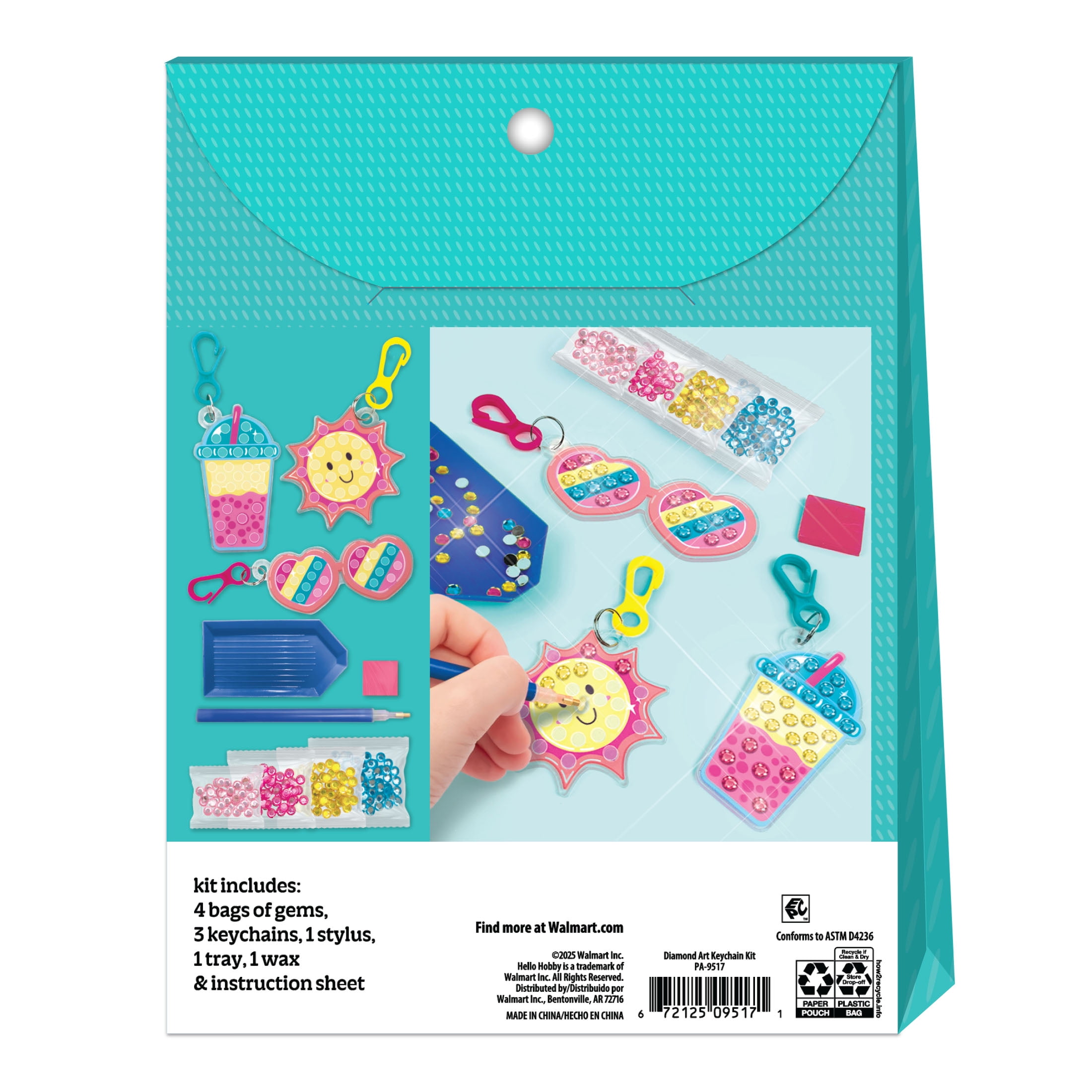 Hello Hobby Diamond Art Keychain Craft Kit, DIY Gem Painting Activity Set (3 Piece Keychain Set) e3ayr