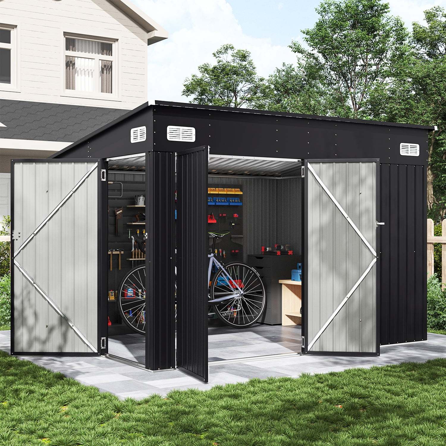 CLOUDDWELL Galvanized Steel Storage Shed with Triple Doors (Black, 9.5x7.4 ft) qlxv8