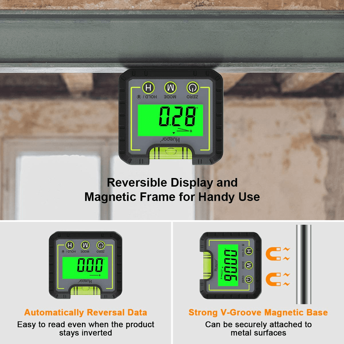 Huepar Digital Level Angle Gauge Mini Inclinometer with Backlight LCD (Green, 2.68 x 2.44 x 1.26 in) hhw0d