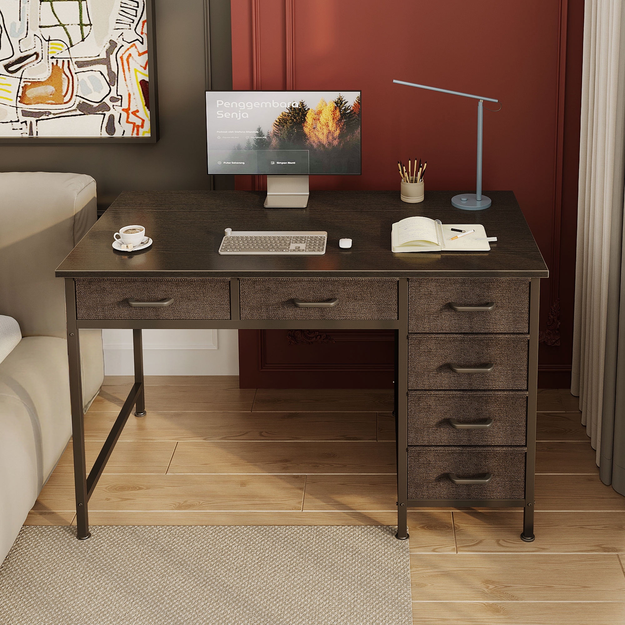 Casacomoda Home Office Desk with 6 Drawers, Modern Computer Desk for Small Spaces (Black, 40 in) 7foyz