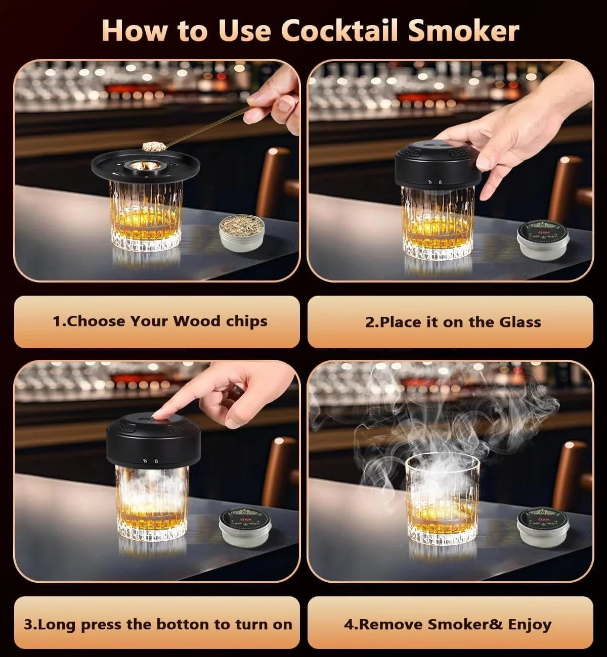 Elainilye Whiskey Smoker Kit with 6 Wood Chips, Cocktail Infuser Set for Bourbon and Scotch (1 Kit) gfmwq
