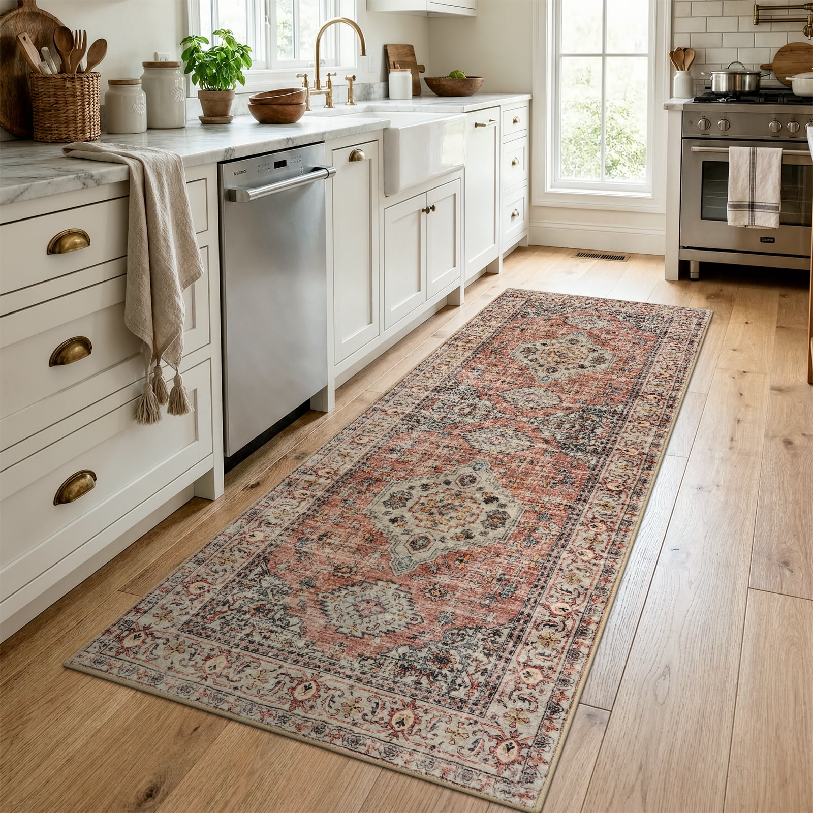 Lahome Washable Runner Rug Vintage Oriental Medallion Non-Slip Area Carpet for Hallway Kitchen (Terracotta, 2 ft x 6 ft) grvju