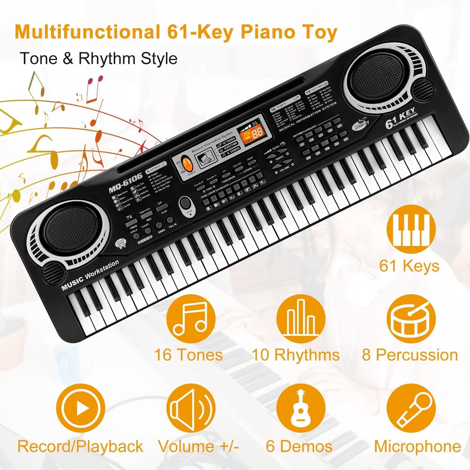 Anself 61-Key Electronic Keyboard Piano with Microphone for Kids (Black, 21.2 in x 6.7 in x 2.16 in) n5zvj