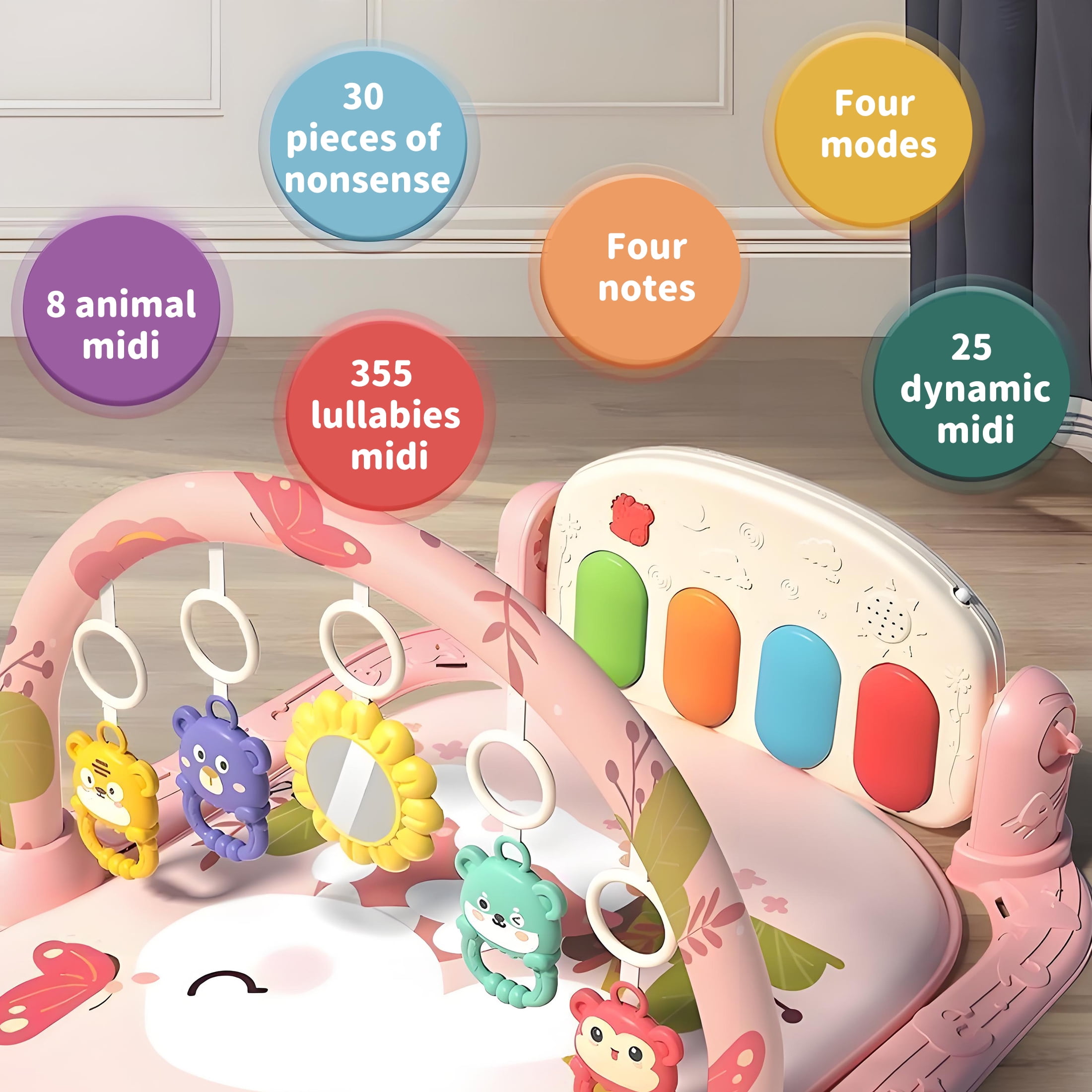KOPPOP Baby Play Mat with Piano Toys, Tummy Time Activity Gym for Infants (Pink, 30 in x 24 in) vrl15