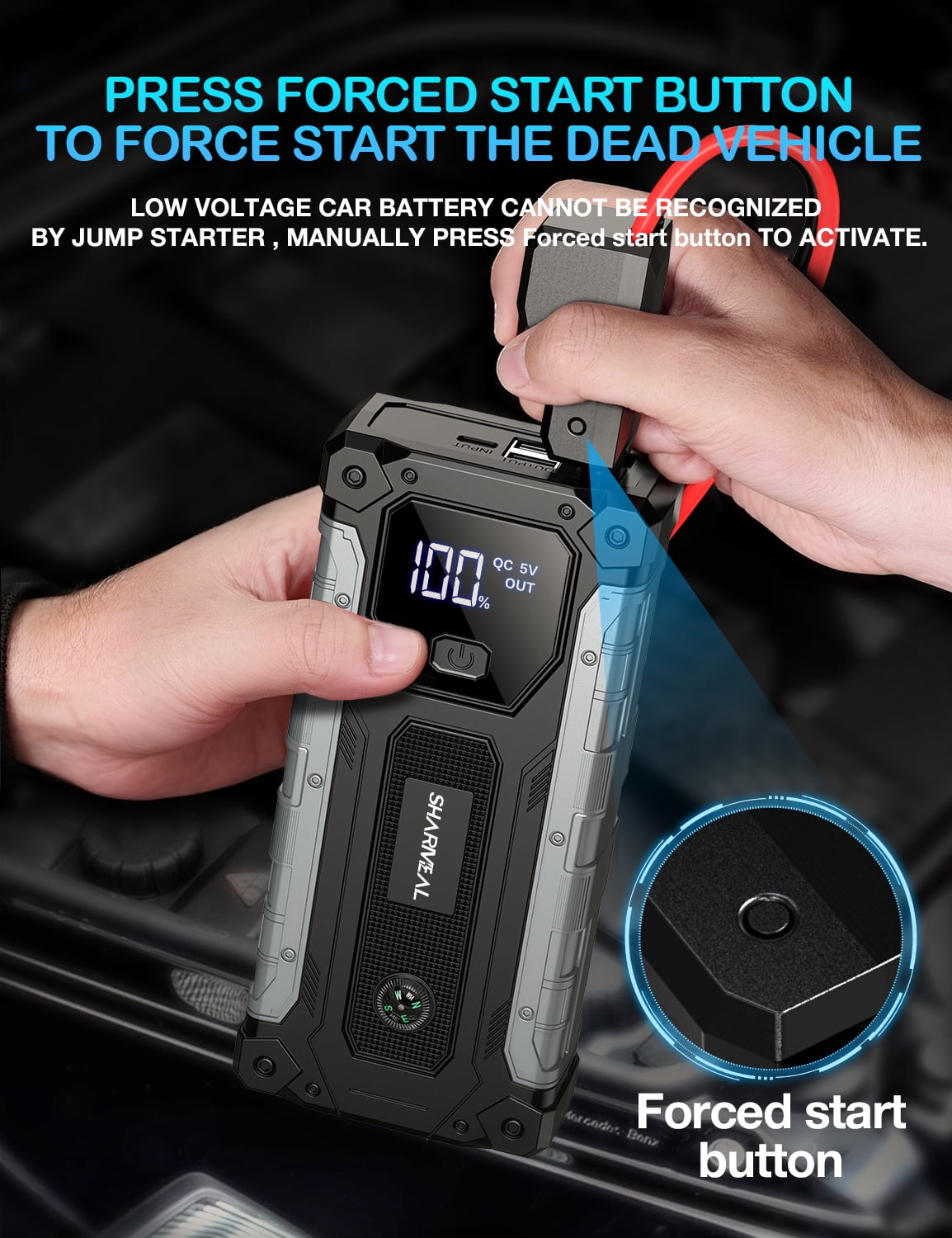 Sharmeal 7000A Portable Car Jump Starter Battery Booster Pack for Gas and 10.0L Diesel Engines (10000mAh) dwlkw