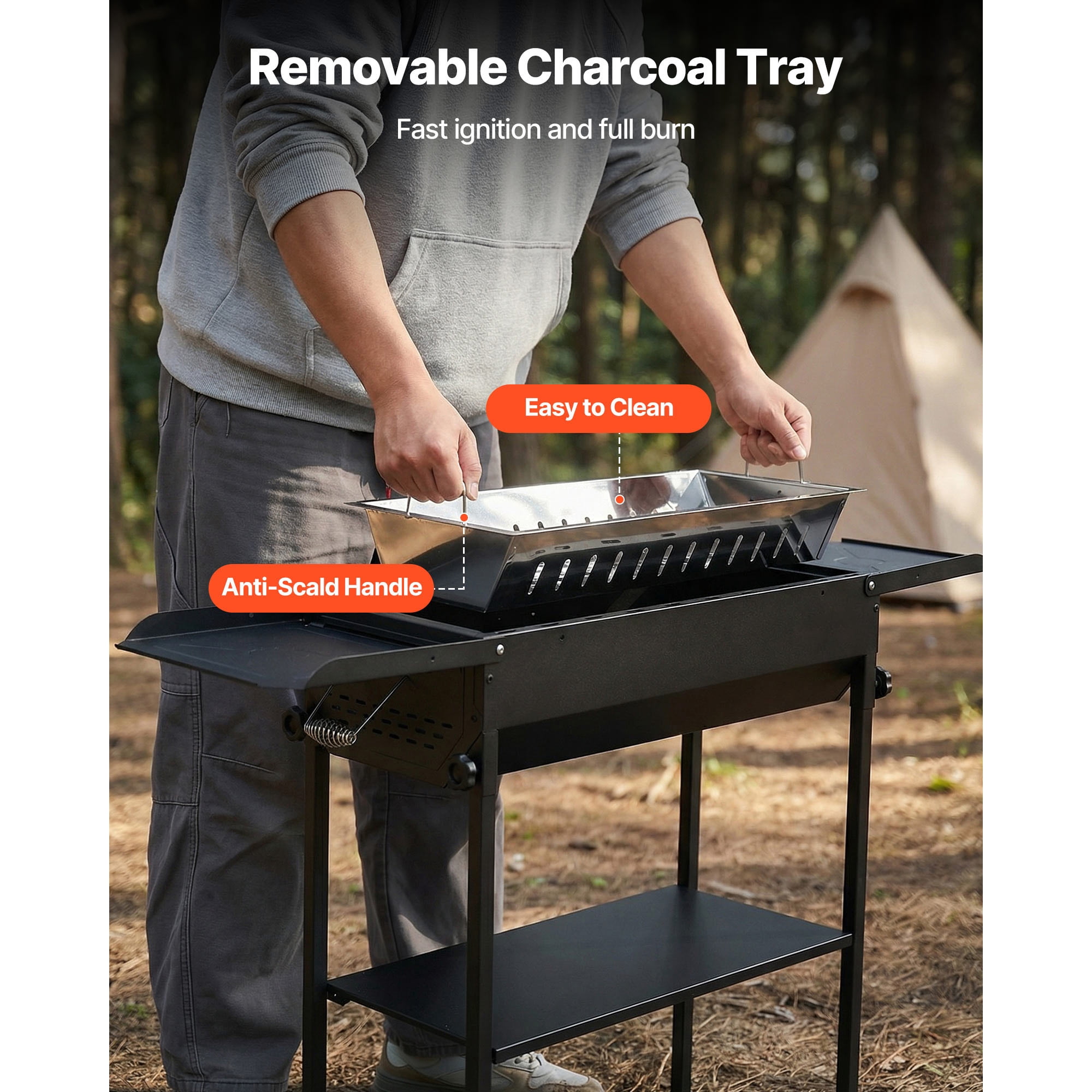 KFFKFF Foldable Charcoal Grill, Portable BBQ Grill with Adjustable Height and Side Tables (Black, 314 sq.in.) 2p0vs