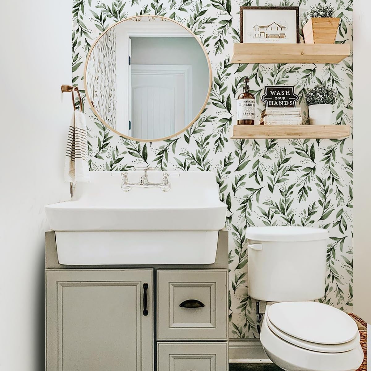 Genreen Green Leaf Peel and Stick Wallpaper, Self-Adhesive Removable Vinyl Contact Paper for Furniture and Walls (Green, 17.7 in x 118.1 in) i7pz9
