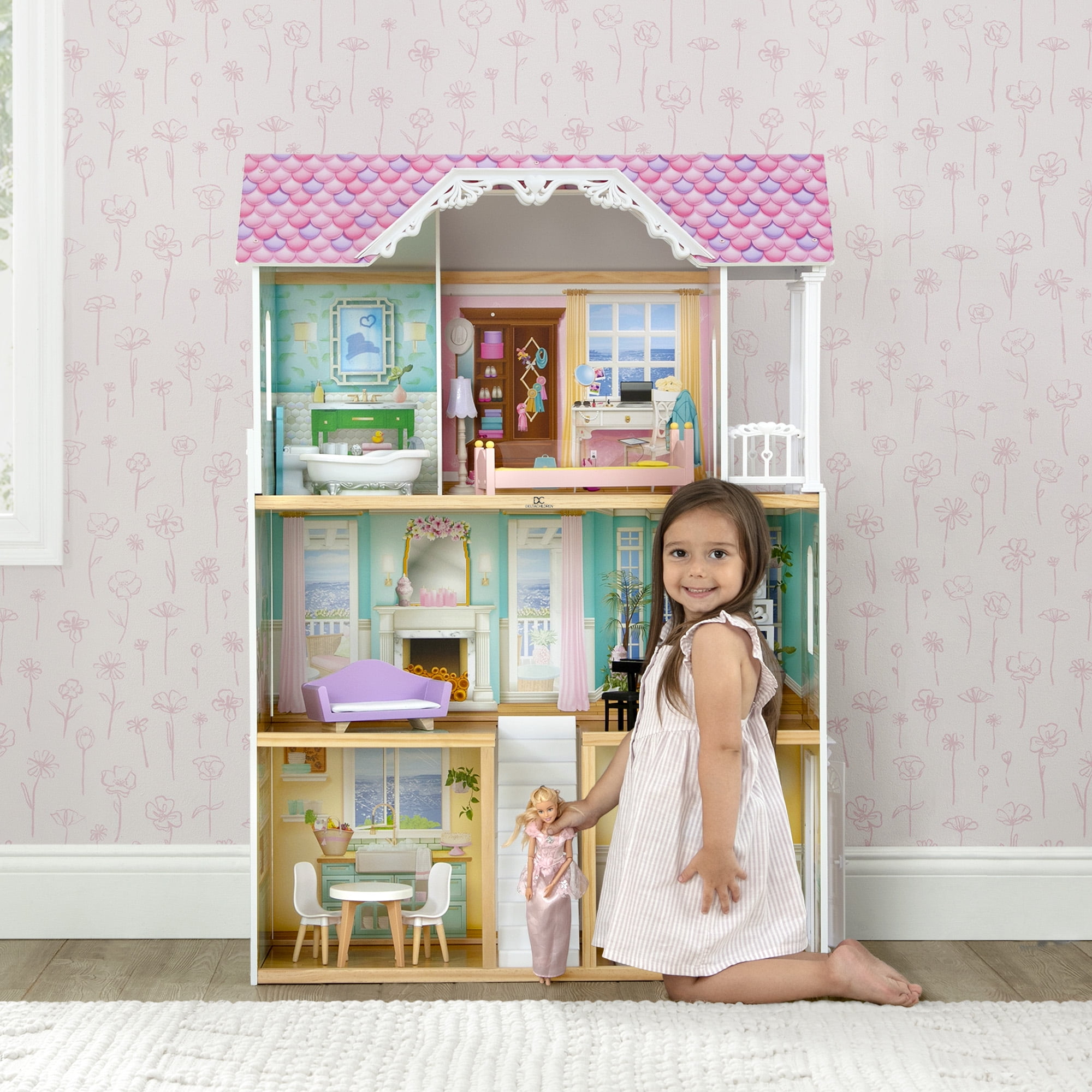 Delta Children MySize Wooden Dollhouse (Pink, 33 in W x 14.5 in D x 46.3 in H) pahsq