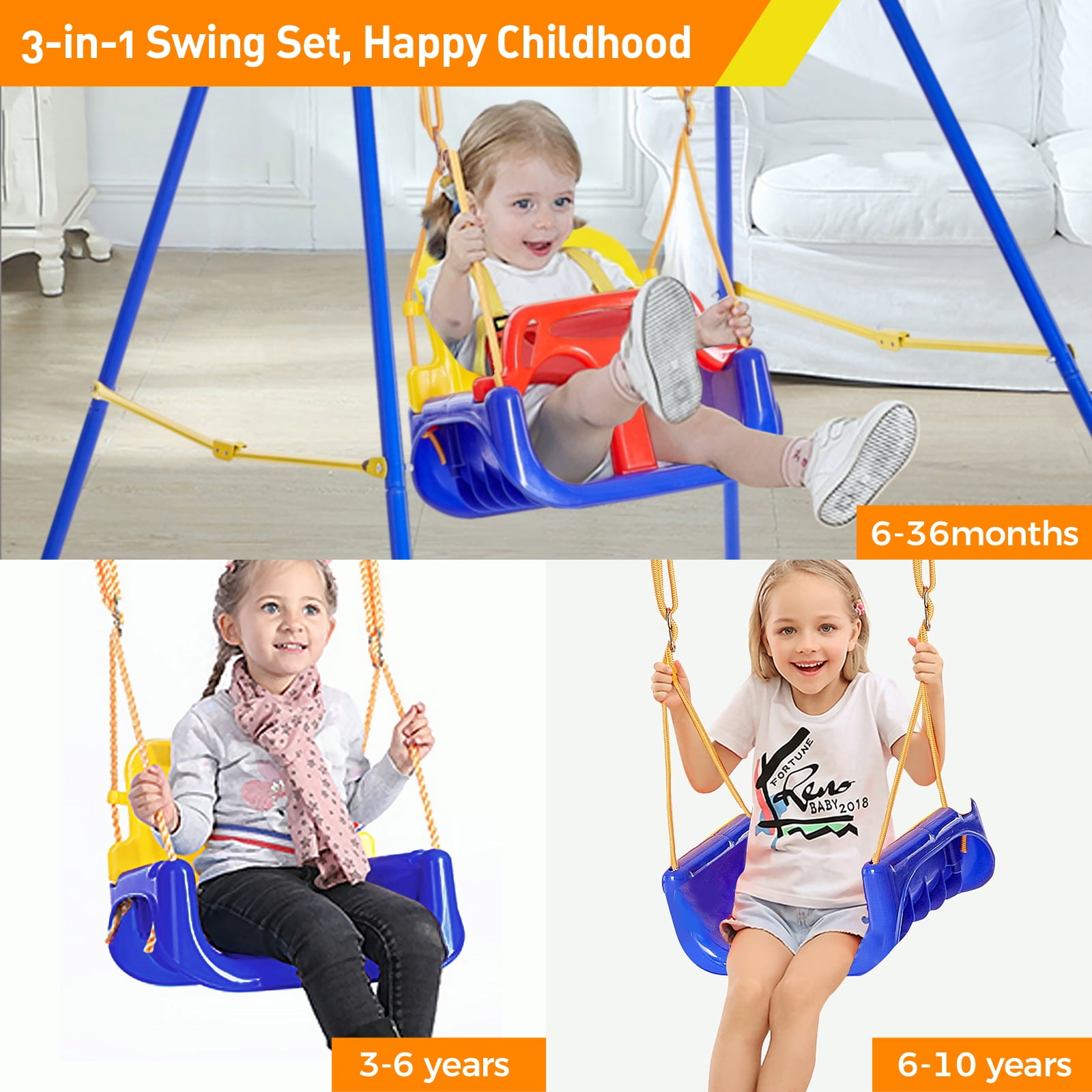 FUNLIO 3-in-1 Toddler Swing Set with Foldable Metal Stand, Indoor/Outdoor Kids Playground Equipment with 4 Sandbags (49 in Rope) u4vi6