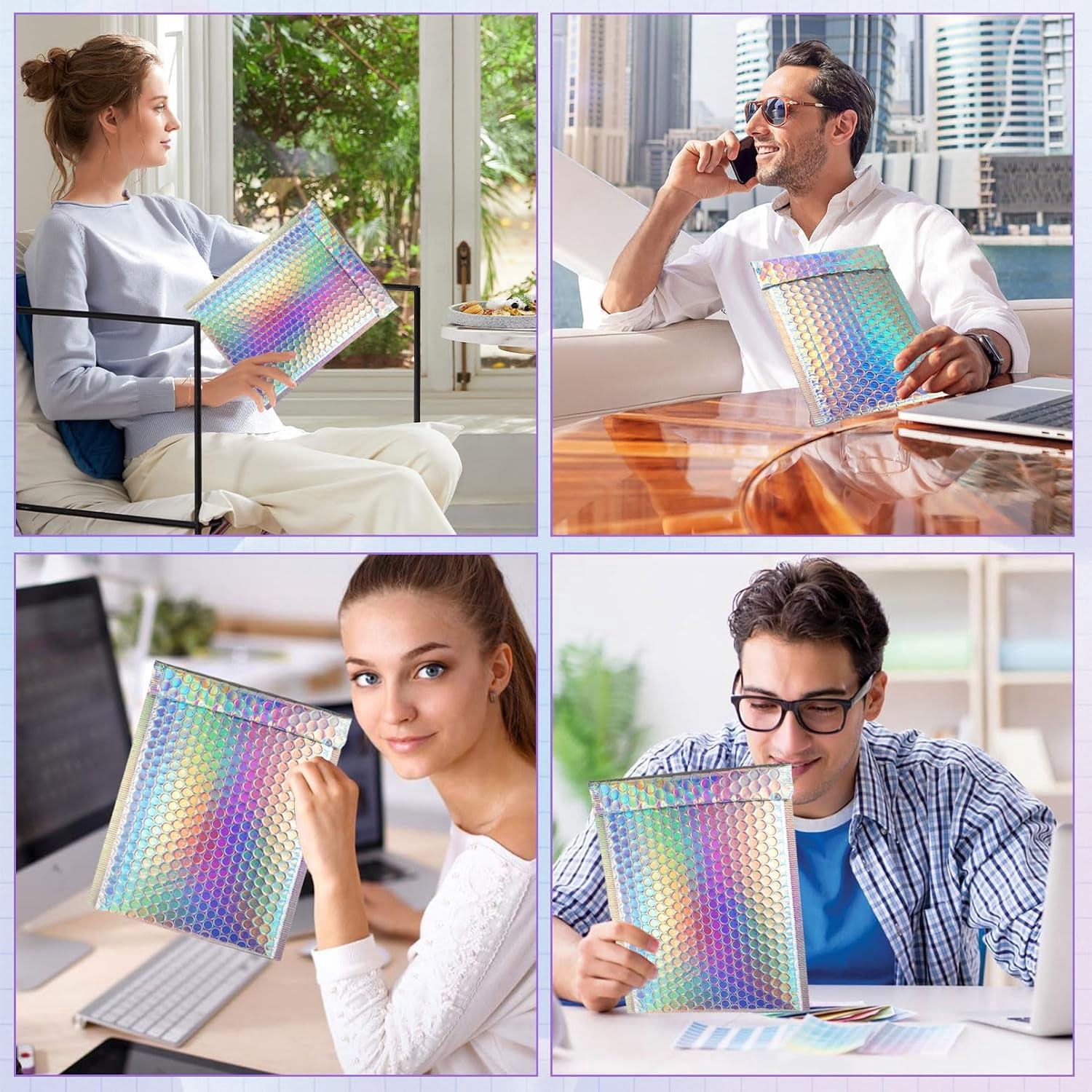 Jutoe Metallic Bubble Mailers, Holographic Padded Shipping Envelopes with Thank You Cards and Stickers (Silver, 50 Pack) g12ab