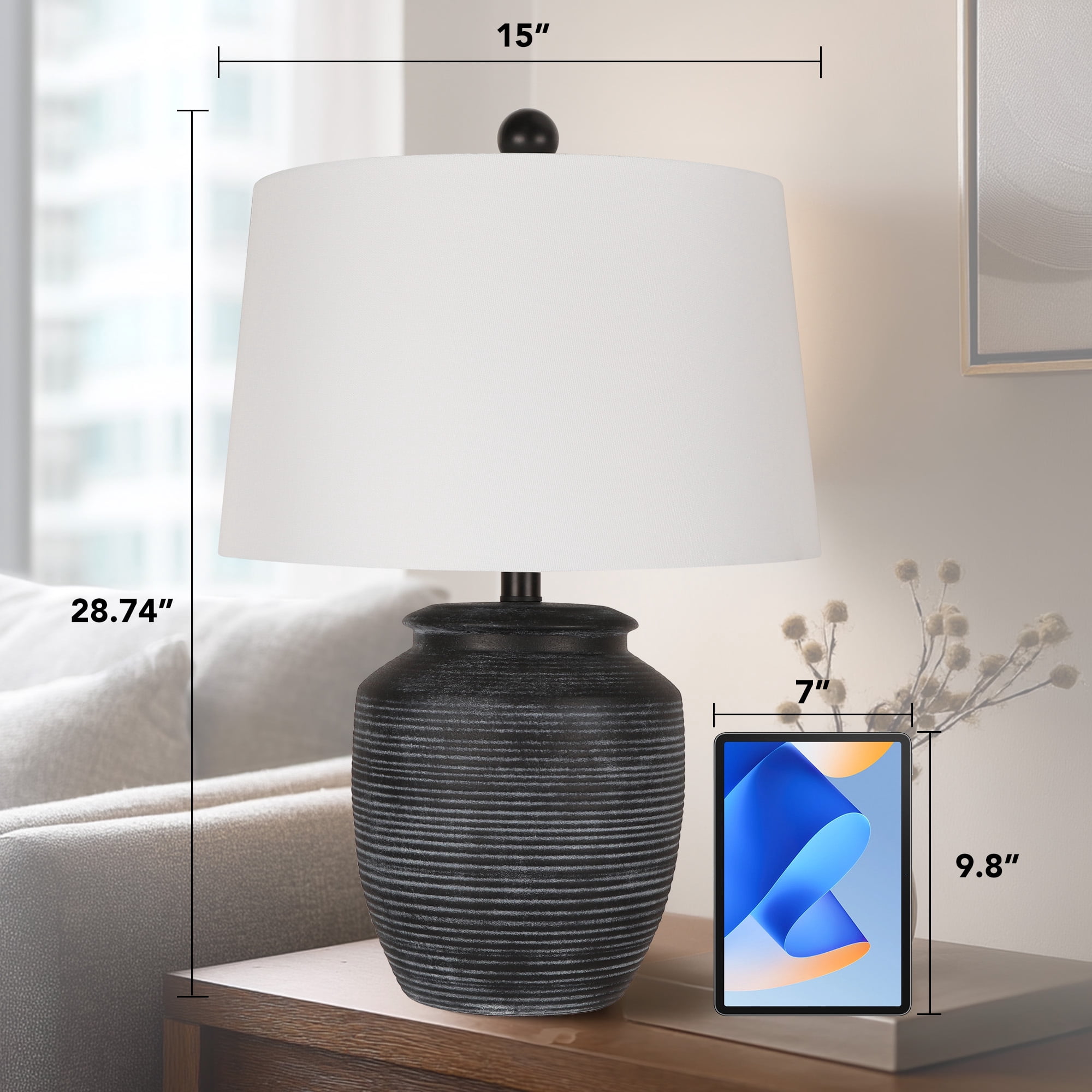 SparkGlowy Rustic Ceramic Pot Table Lamp for Bedroom and Living Room (Black, 28 in) vwn43