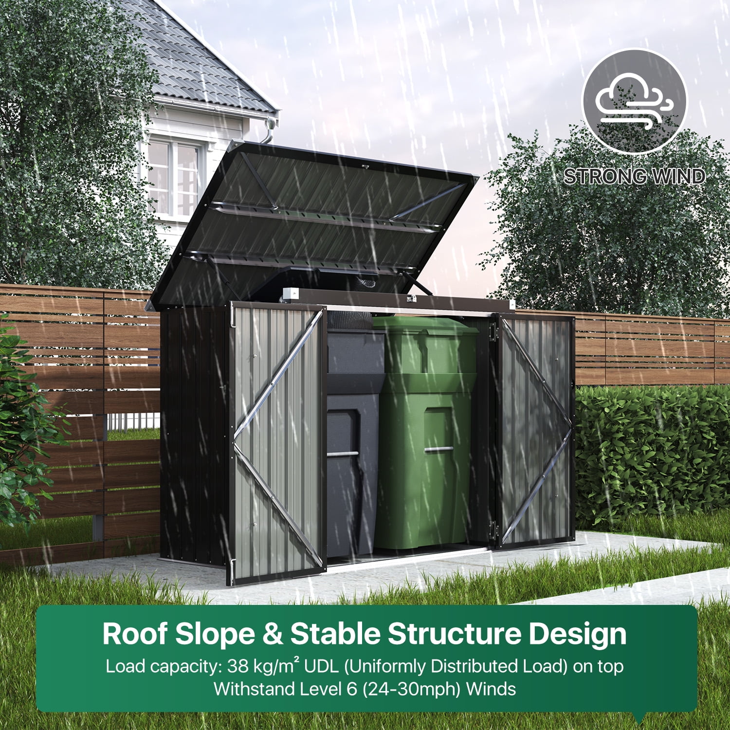 CLOUDDWELL Outdoor Metal Trash Storage Shed, Weather-Resistant Garbage Bin Enclosure with Lockable Doors (Black, 3 ft x 5 ft) 273uf