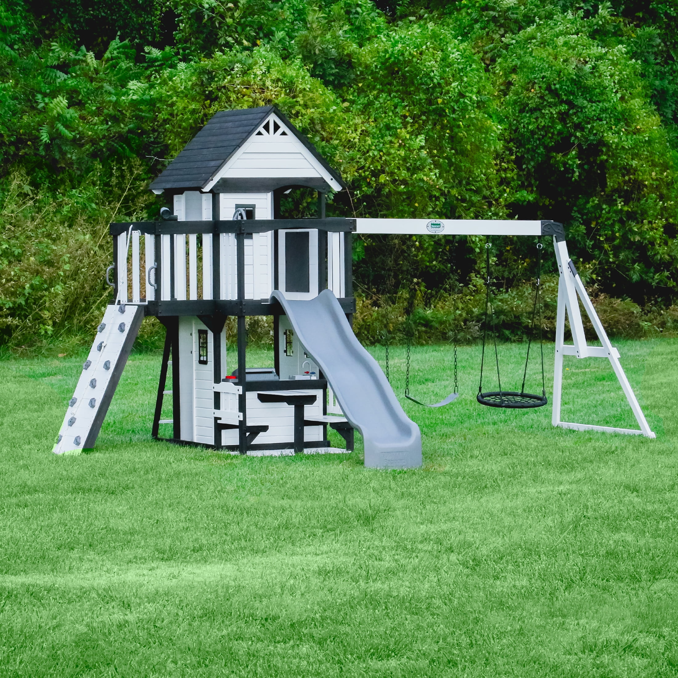 Backyard Discovery Canyon Creek Cedar Wood Swing Set with Slide, Clubhouse, and Rock Wall (White, Large) dzuh1