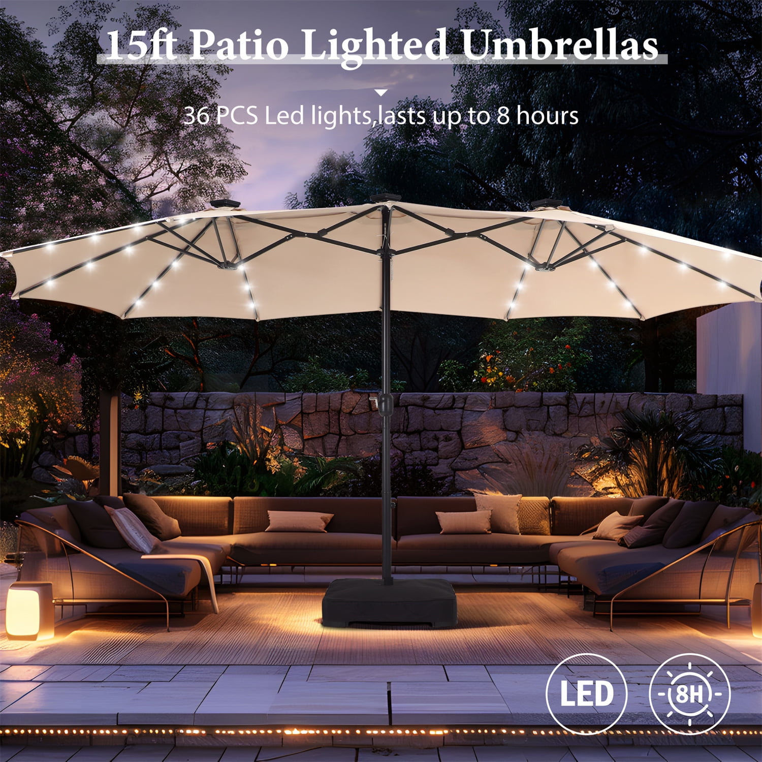 Summit Living 15ft Double-Sided Solar Patio Umbrella with LED Lights and Base (Beige, 15 ft) lu4o0