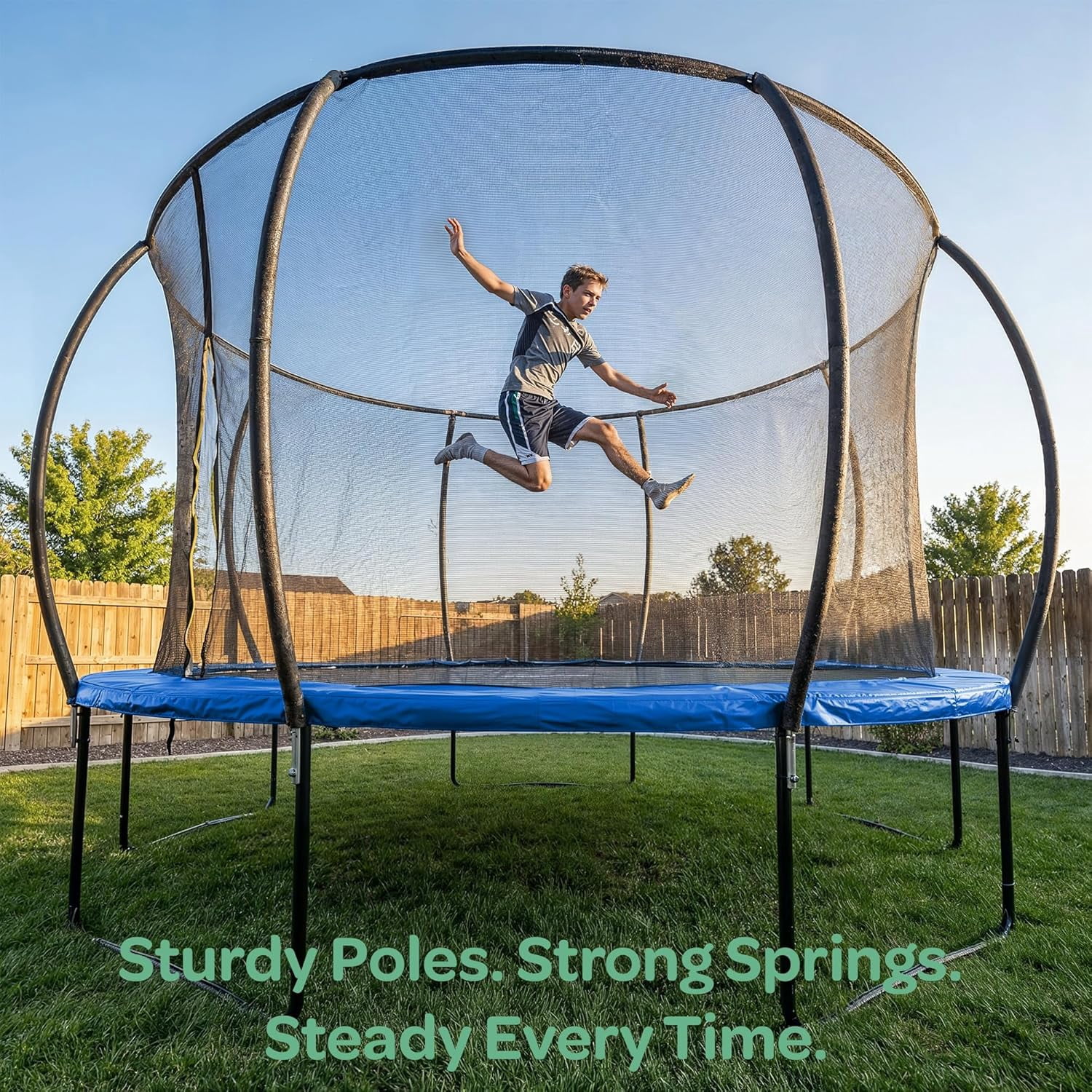 JoyBerri Outdoor Trampoline with Safety Enclosure, Ladder, LED Lights & Sprinkler (Blue, 15 ft) r0idr