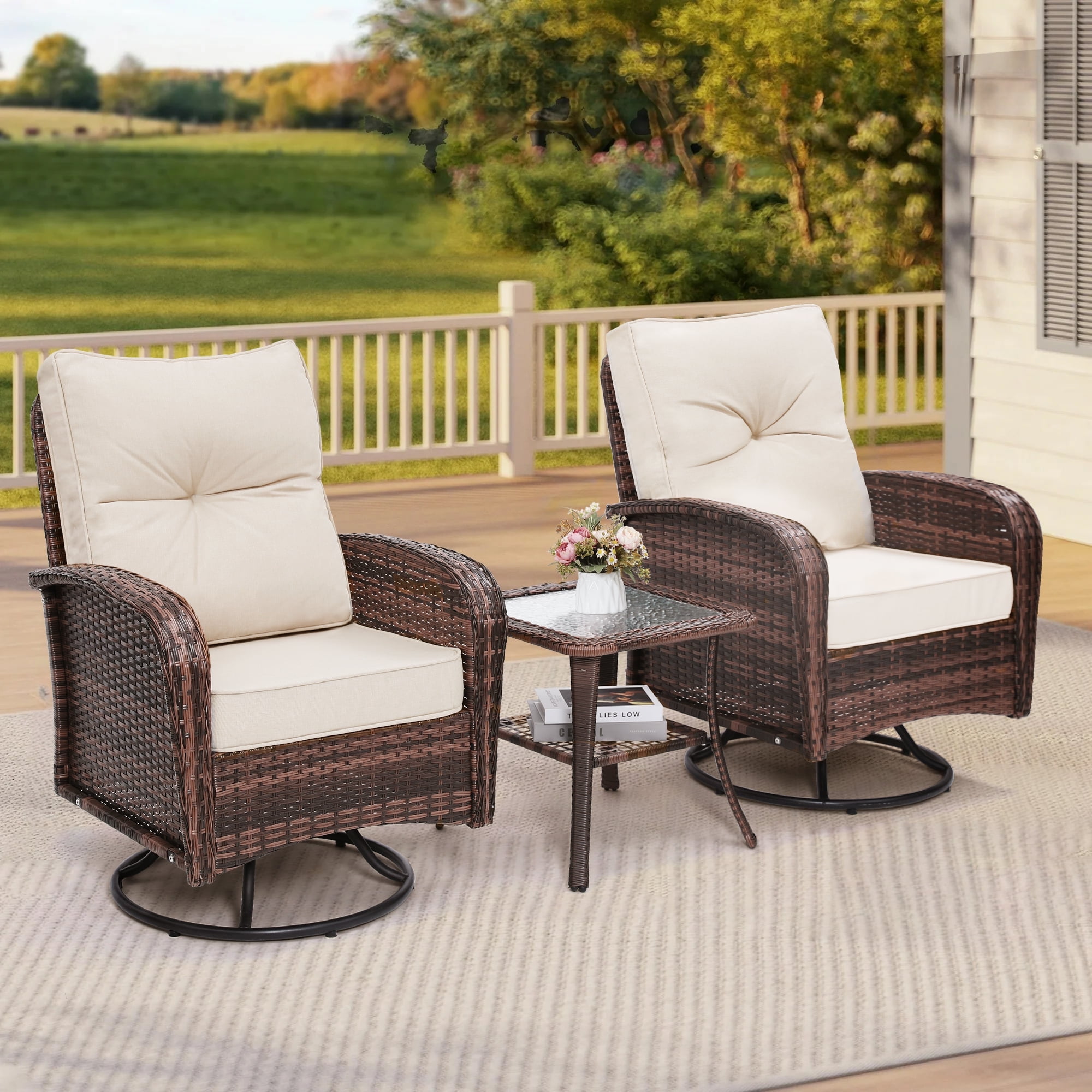 TUAREX Outdoor Patio Swivel Wicker Glider Chair Set with Side Table (Brown Rattan, 3-Piece) 5vel9