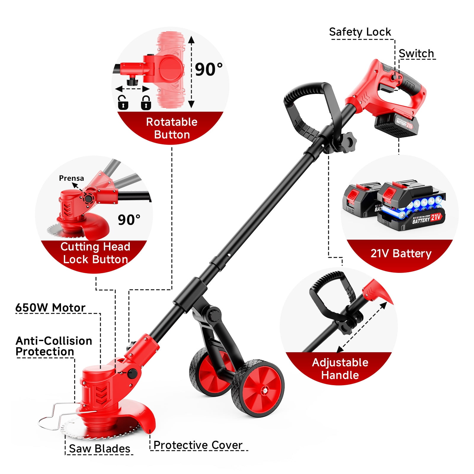 Tanbaby Cordless Weed Wacker and String Trimmer with 3-Blade System (Red, 6 in) f7m2x
