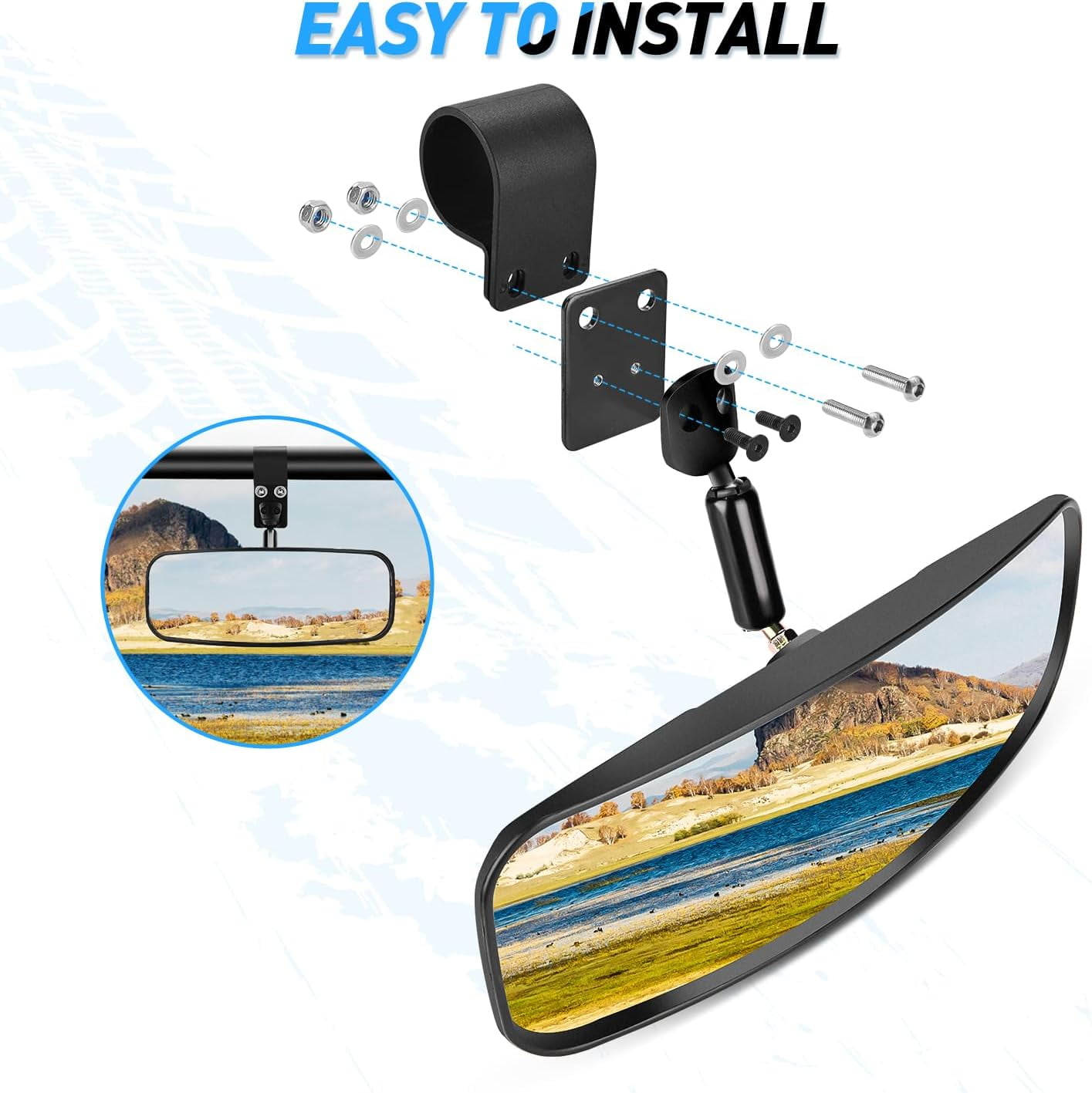 Nilight UTV Rear View Mirror 12 in Wide Convex Center Mirror with Adjustable 1.75 in to 2 in Clamps (Clear, 12 in) 3l24p