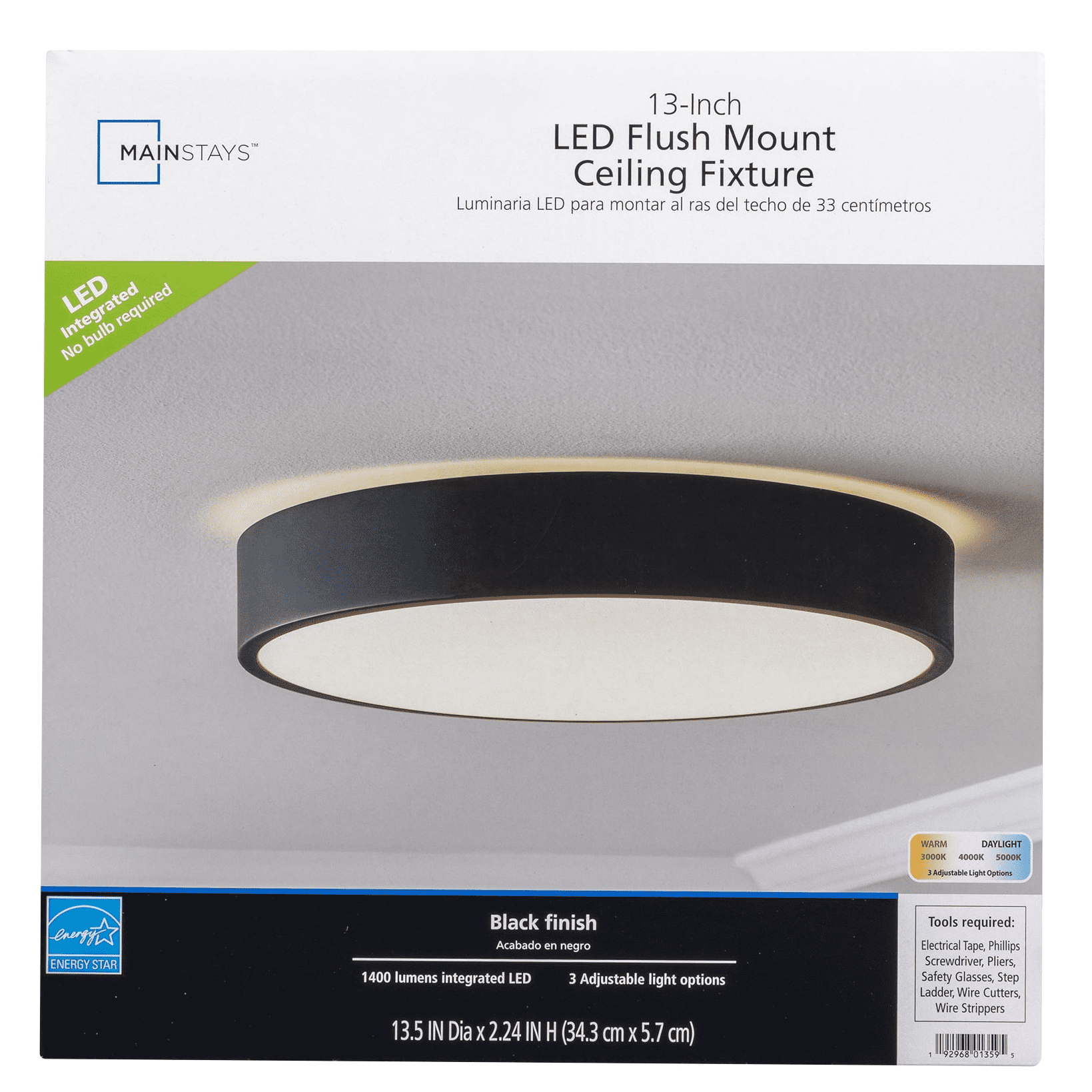 Mainstays 13 in Flush Mount LED Ceiling Light Fixture (Dimmable, 3CCT Selectable, Black, 13 in) 9k7fb