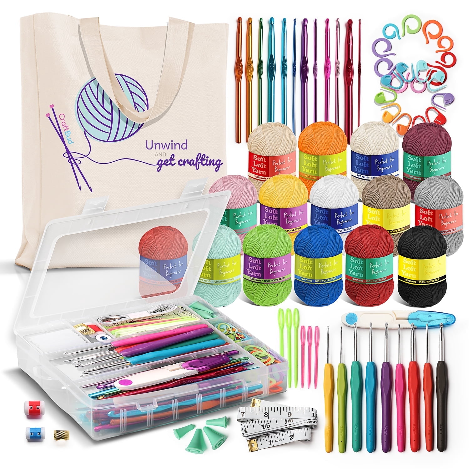 CraftBud Crochet Kit for Beginners, Complete Crafting Set with 1100 Yards Yarn, 9 Hooks, Accessories & Tote Bag (73-Piece) sfqcv