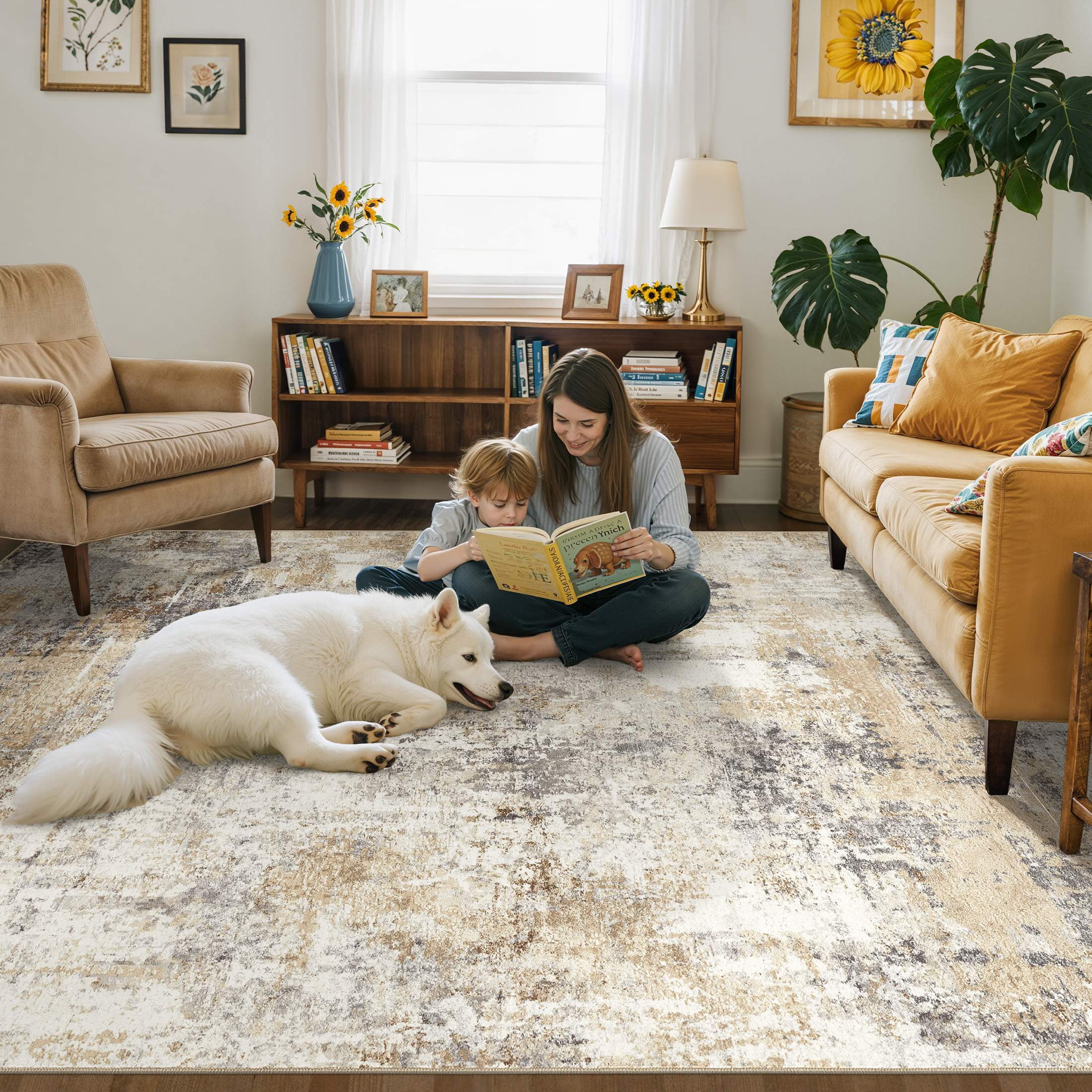 UERMEI Modern Abstract Area Rug, Washable Non-Slip Indoor Carpet for Living Room and Bedroom (Grey Gold, 8 ft x 10 ft) a46ns