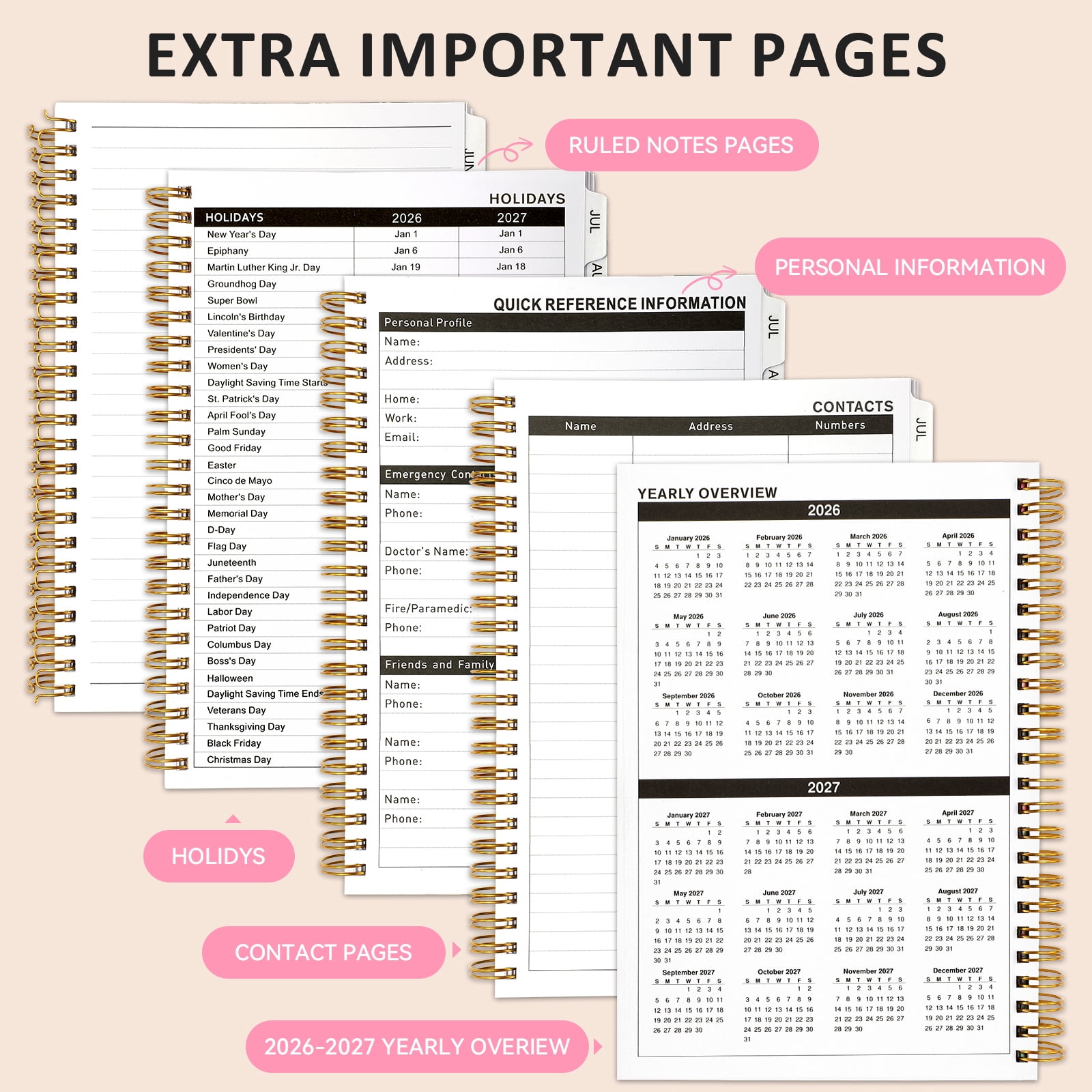 SUOSDEY 2026 Weekly and Monthly Planner, Academic Agenda Organizer with Calendar Tabs (Pink, 6.5 in x 8.5 in) iz5xe