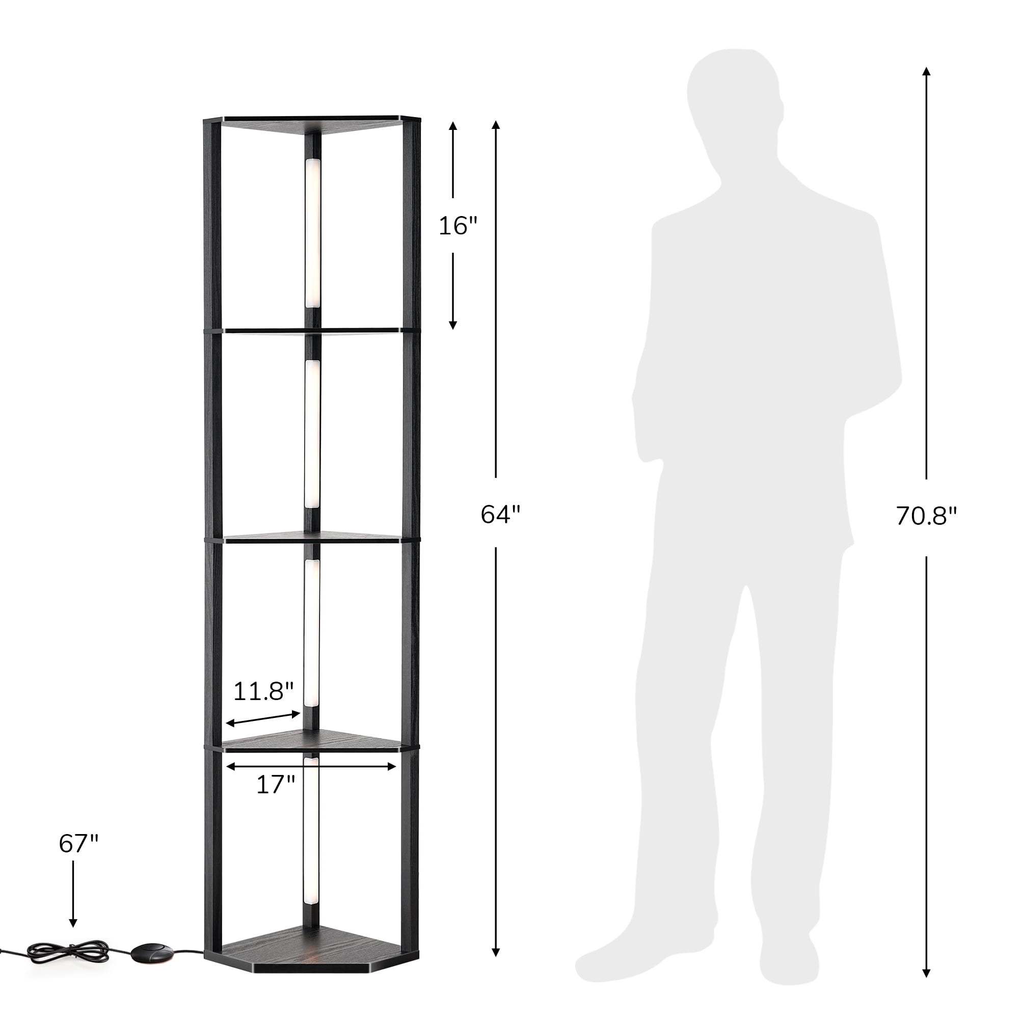 EDISHINE LED Shelf Floor Lamp, Modern Corner Standing Light with 4-Tier Storage Shelves, 3-Color Temperature & Dimmable (Black, 64.2 in) fwj29