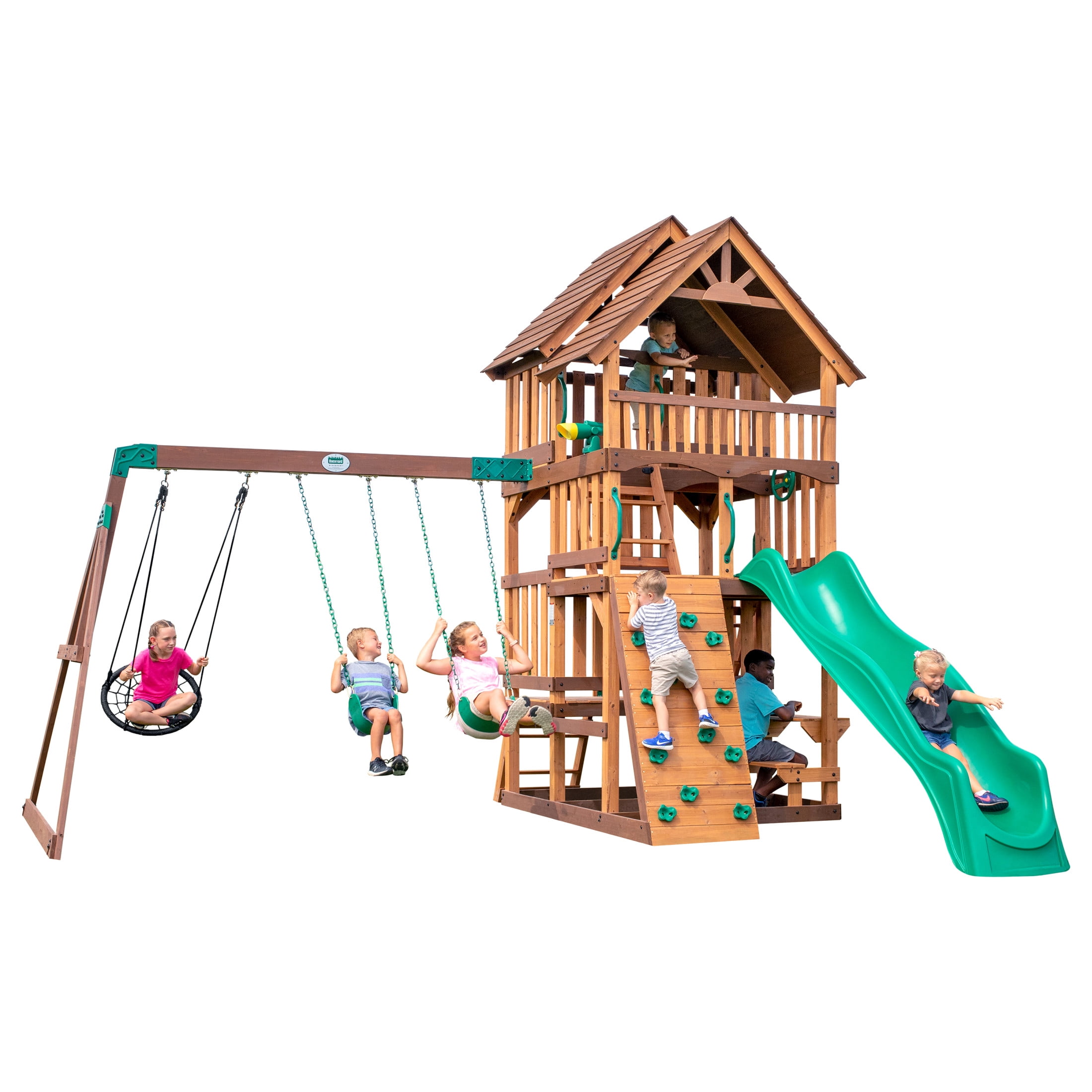 Backyard Discovery Highlander Cedar Wood Swing Set with Wave Slide and Three-Story Clubhouse (Brown, 10 ft Slide) 3xbnq