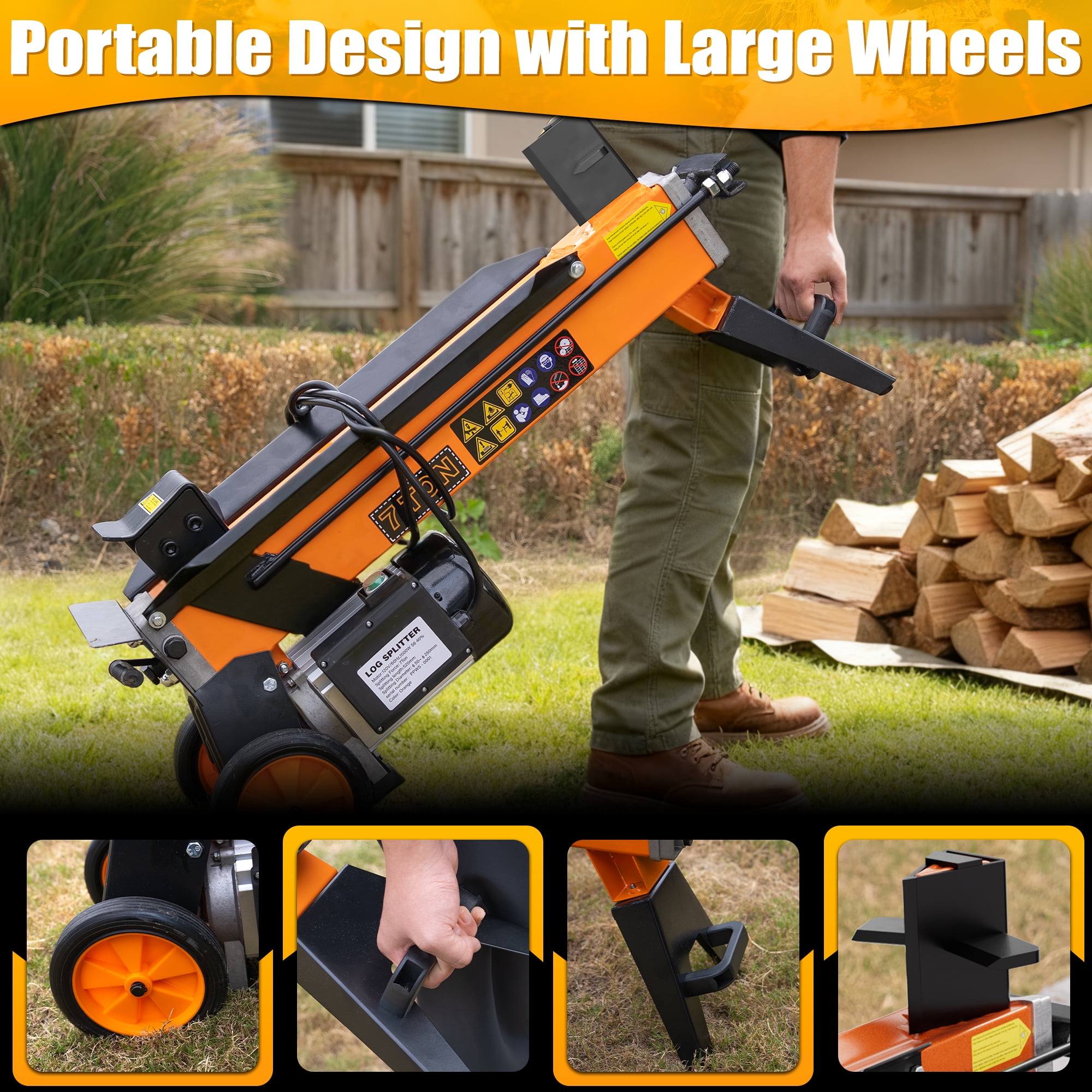 Generic 7 Ton Electric Log Splitter, Hydraulic Wood Splitter with Detachable Cross Blade (Orange, 21.2 in) 91zbt