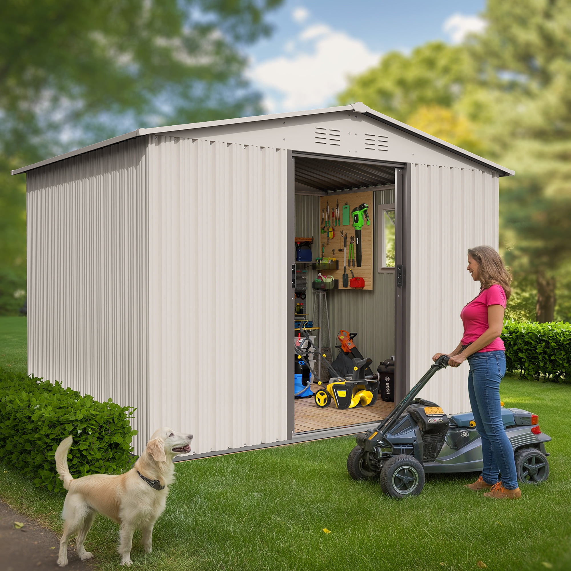 NICWIN Outdoor Steel Storage Shed, Weather-Resistant Metal Tool Shed with Windows and Air Vents (Creamy White, 6 ft x 8 ft) v9y35