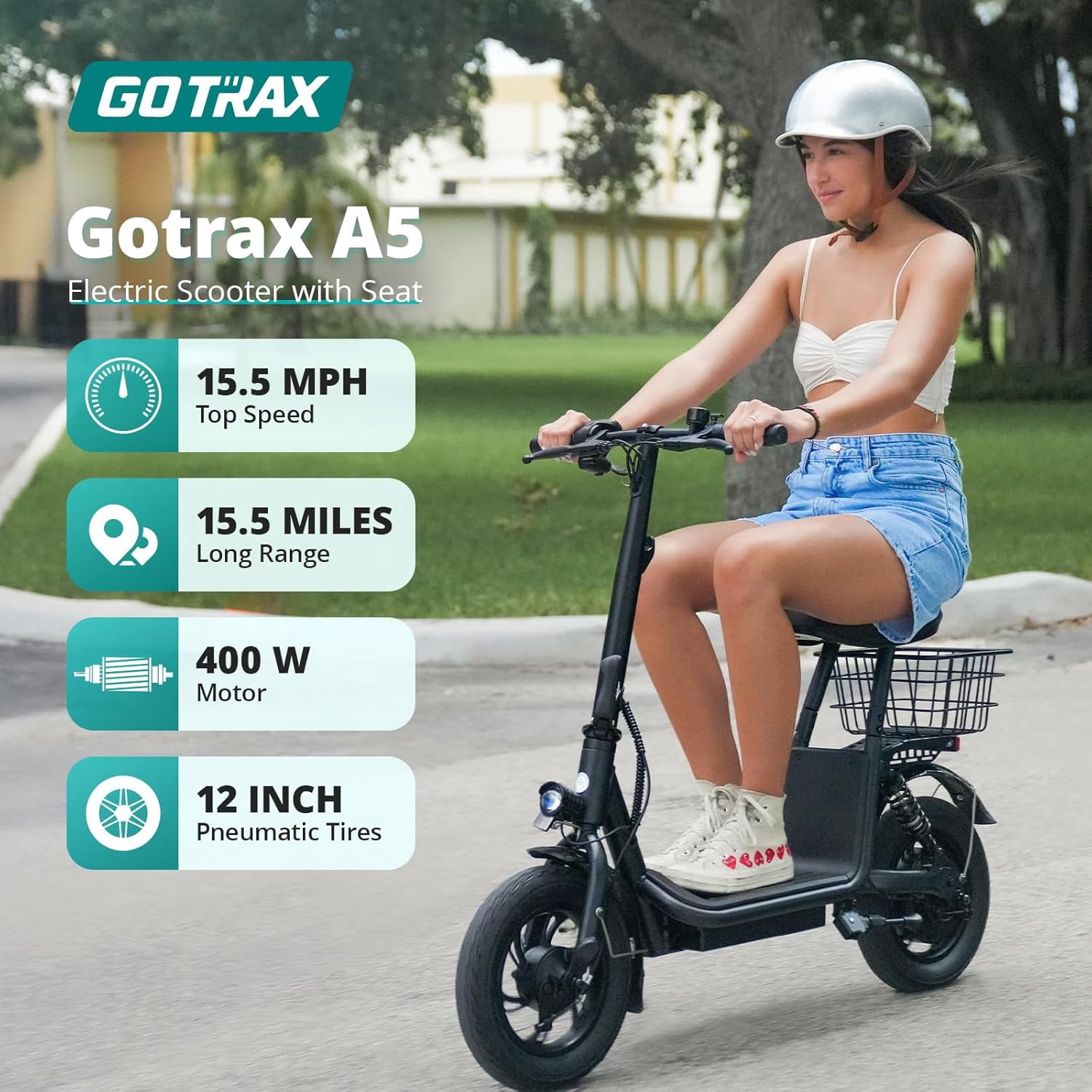 Gotrax A5 Electric Scooter with Seat and Storage Basket (White, 220 lb) p2ele