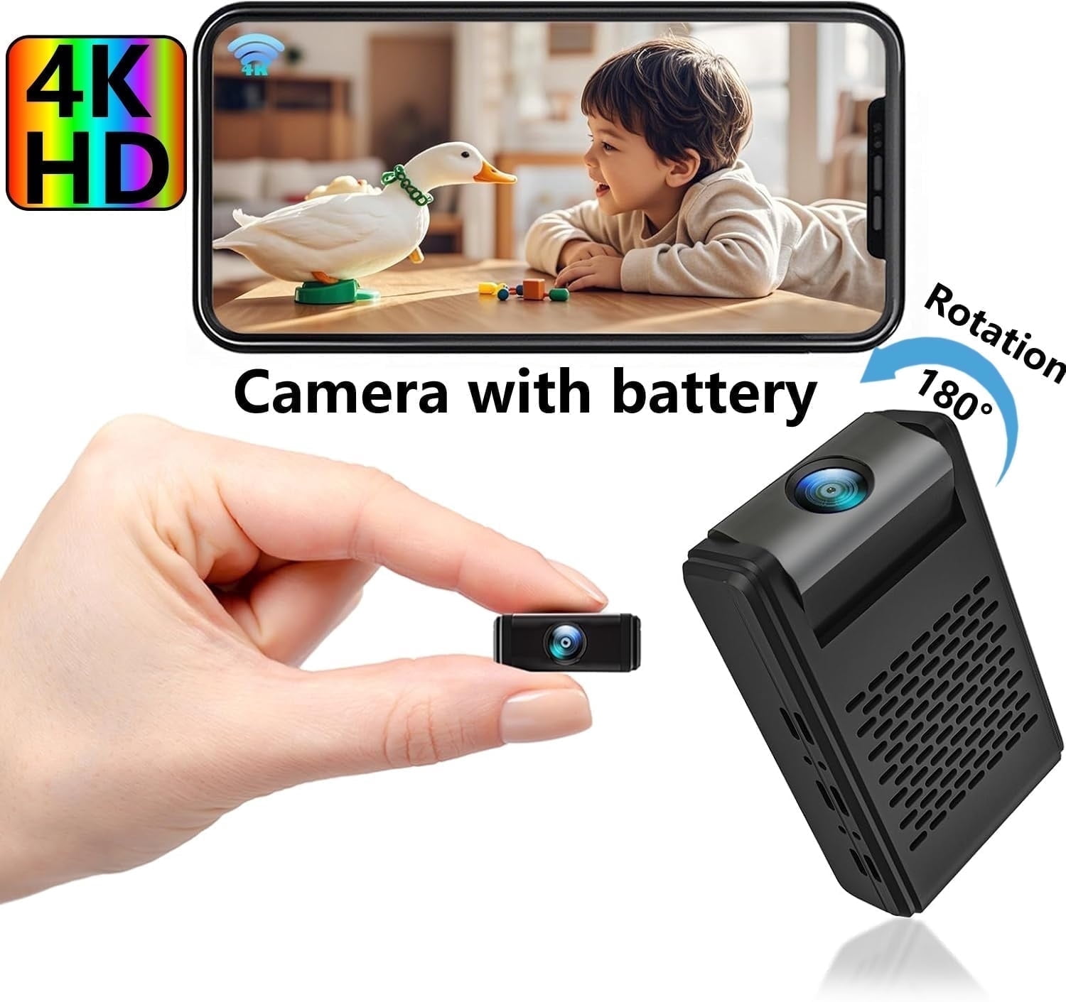 DNXNIAIFY Mini Hidden Security Camera with 180° Rotating Lens, 4K WiFi Wireless Surveillance, Motion Detection, Night Vision (Black, 1500mAh) 77zn5
