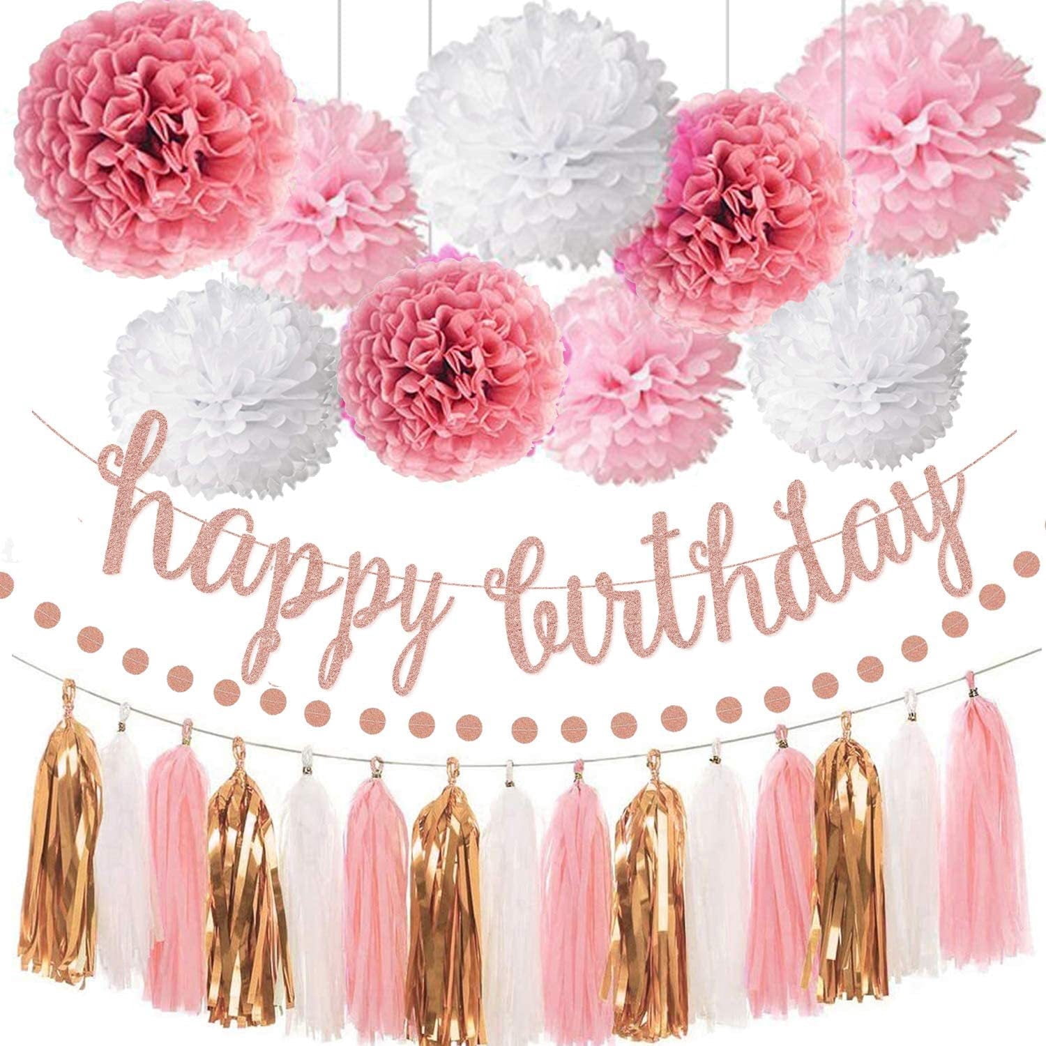 LeeHaven Birthday Party Decorations Set, Rose Gold Glittery Banner and Paper Garland Kit (Pink, 1 Set) 4cot3