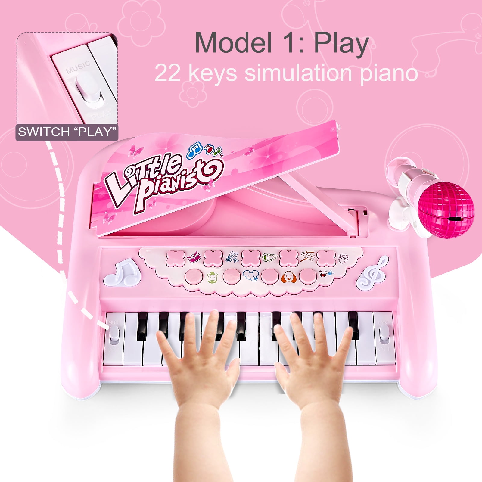 Tepear Musical Keyboard Piano Toy for Toddlers, 22-Key Educational Instrument with Microphone (Pink, 15 in x 8 in) 61jsc