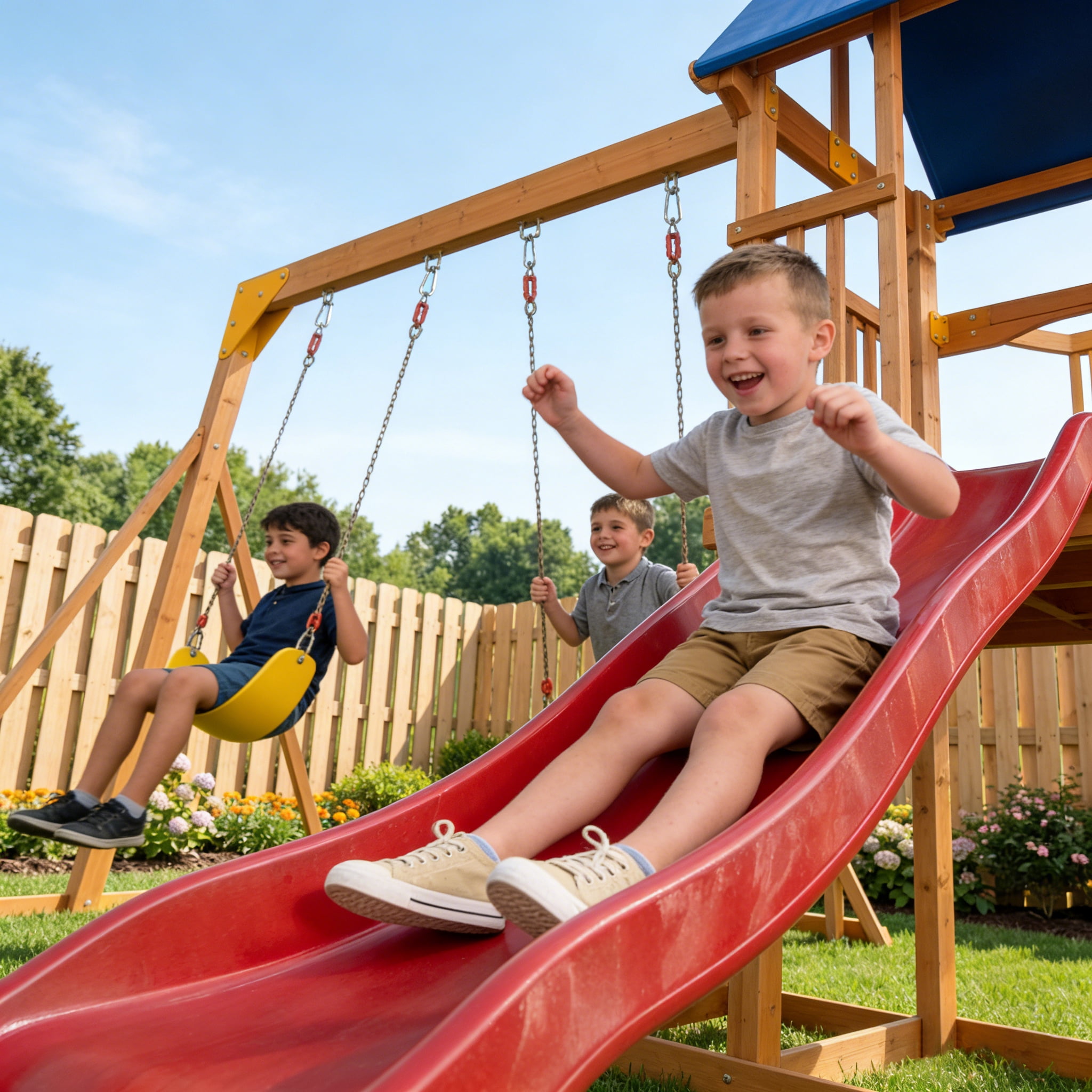 SuniBoxi Wooden Playground Set with Monkey Bars, Wave Slide, and 2 Belt Swings (Yellow, 1 Set) vaghr