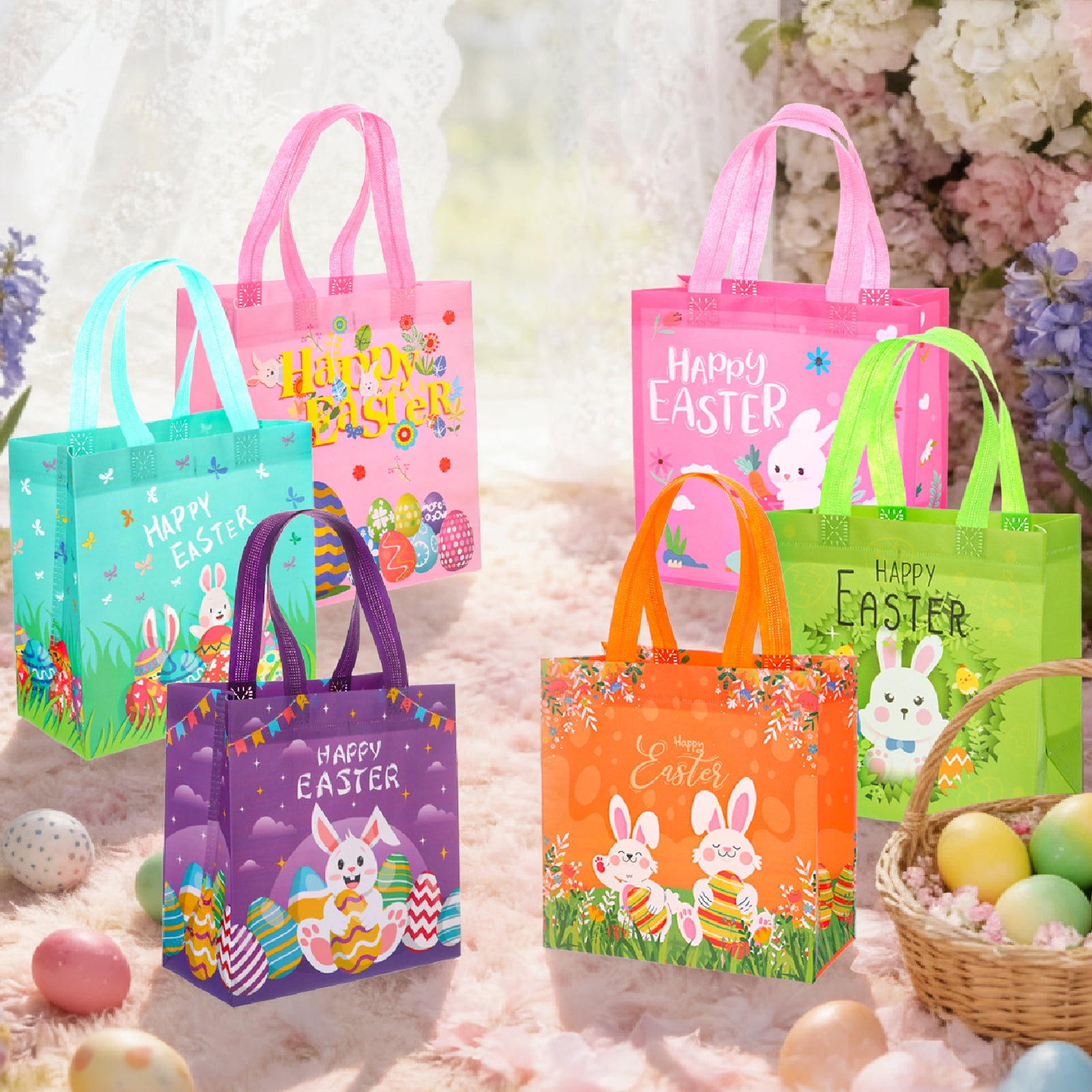 sixwipe Easter Gift Bags with Handles, Reusable Non-Woven Tote Bags for Egg Hunts and Party Favors (Blue, 12 Pack, 8.6x4.3x9 in) 7bxvg
