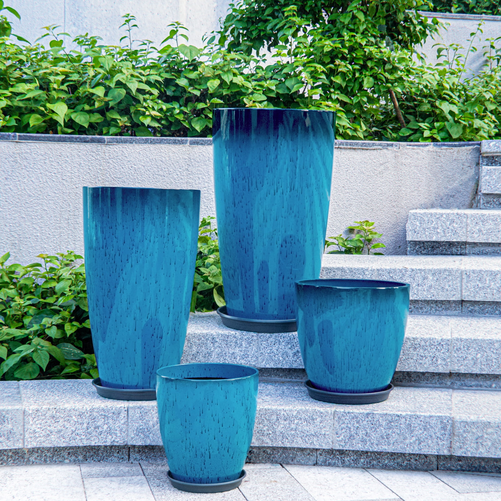 Fiason 4-Piece Tall Planter Set, Weatherproof Plastic Flower Pots with Drainage Holes and Mesh Filter (Blue, 24 in, 21 in, 12 in, 10 in) 1fcjk
