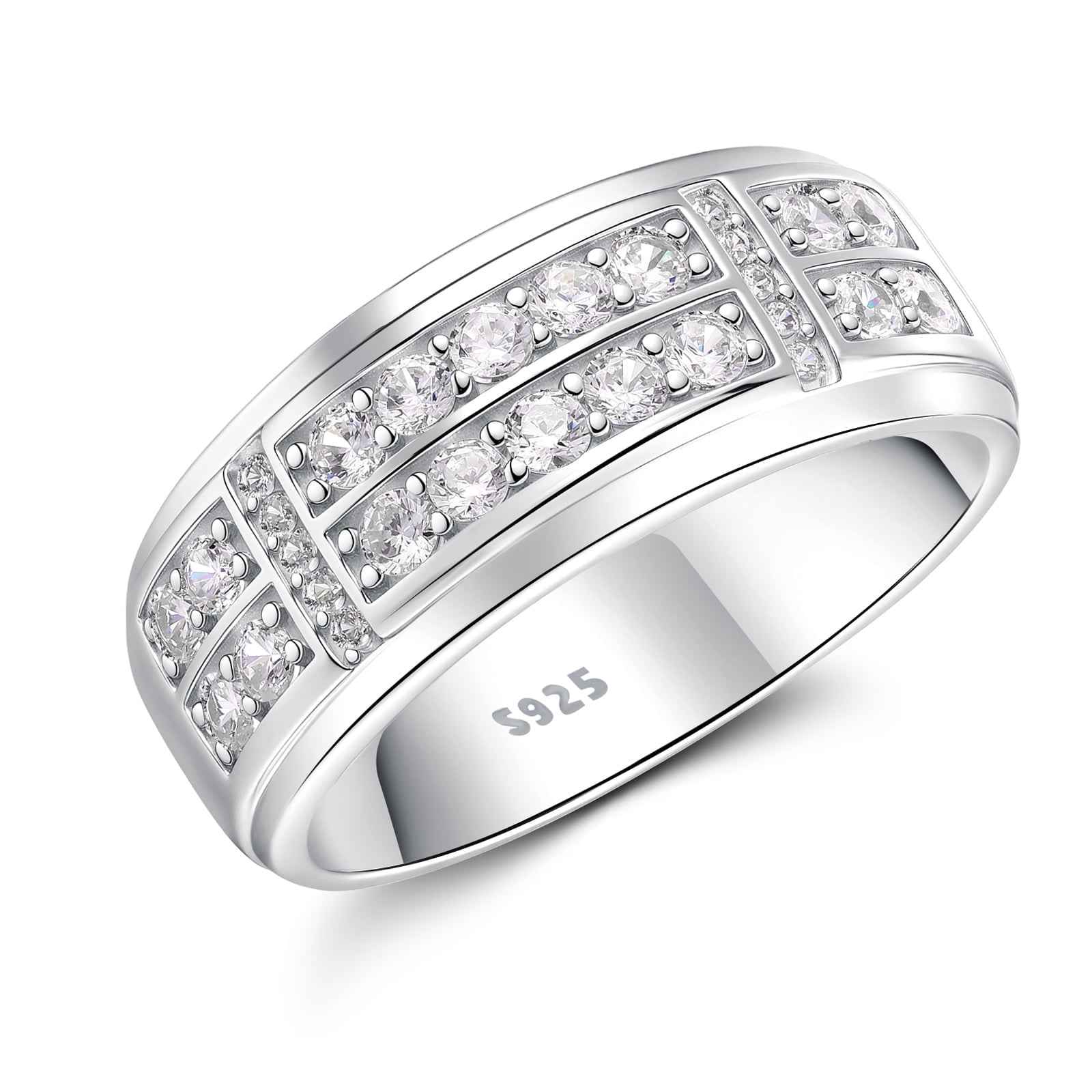 SFTING Men Wedding Band 925 Sterling Silver 2 Row Round Cut 5A CZ Promise Ring (Silver, Size 9) 8yw2r