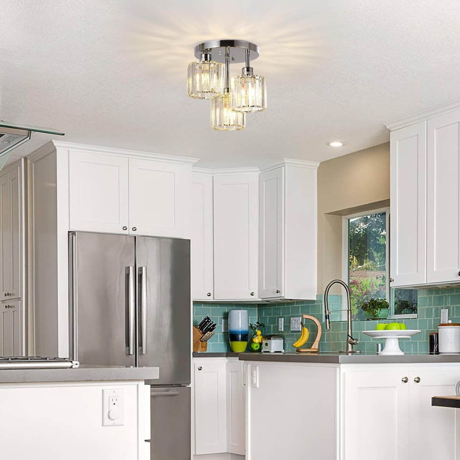 PuppyCheer 3-Light Semi Flush Mount Ceiling Fixture, Modern Crystal Chandelier for Kitchen Hallway Bedroom (Clear, 10.6 in H x 10.2 in W) za8lr