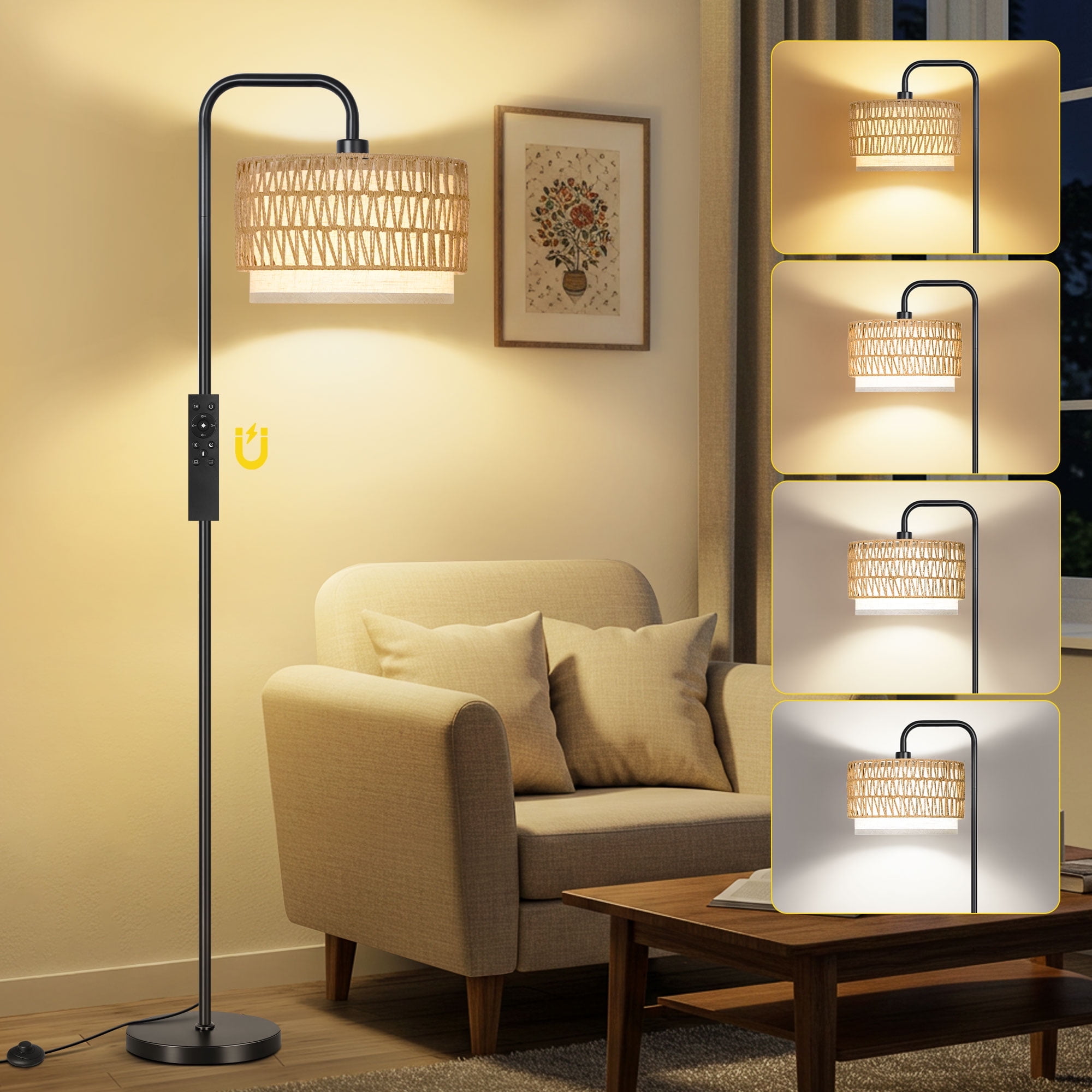 Outon Boho Floor Lamp with Rattan and Linen Double Shades, Adjustable Color Temperature Standing Lamp for Living Room (Black, 6 ft Cord) f2sue