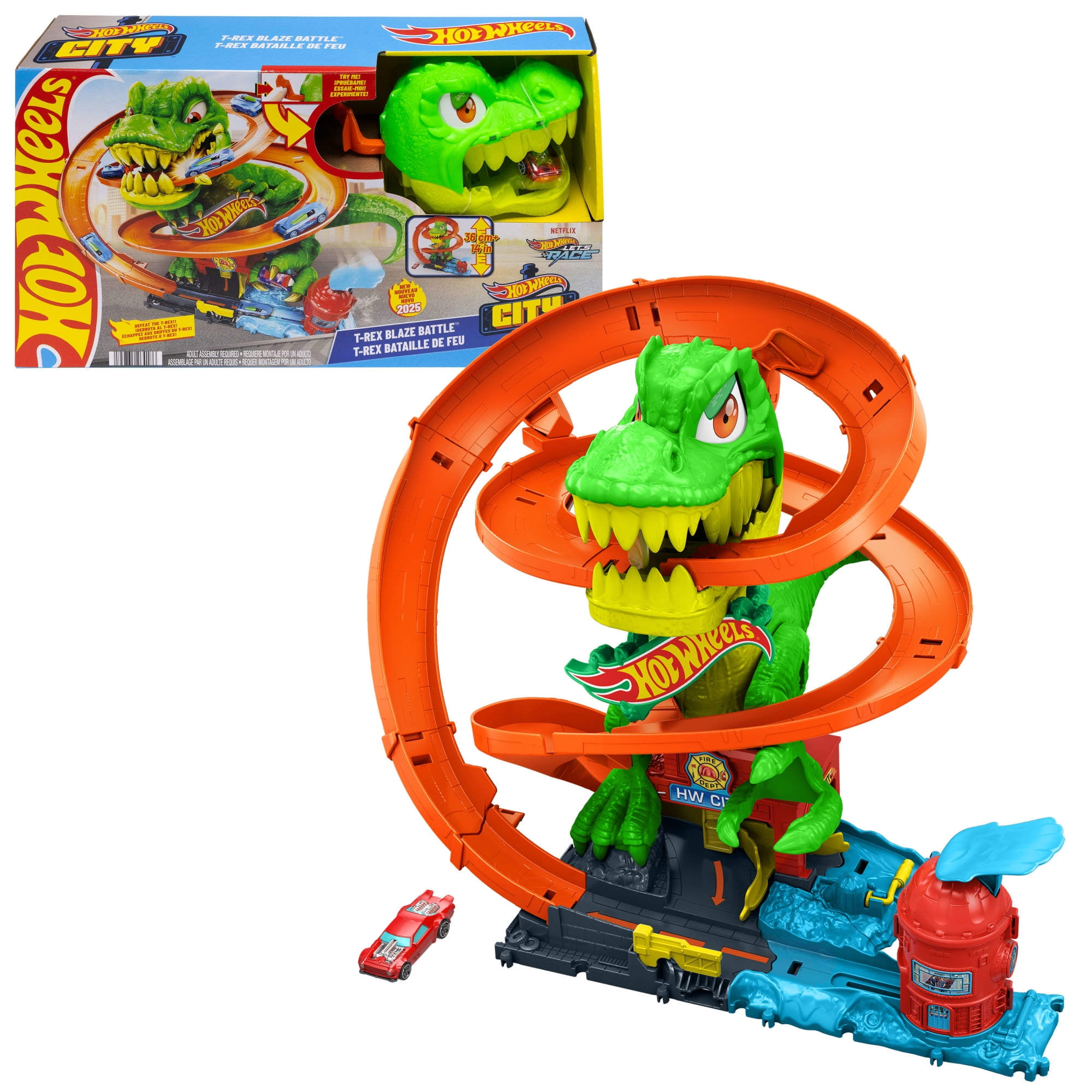 Hot Wheels City T-Rex Blaze Battle Playset with 1:64 Scale Die-Cast Car (Multi-Color, 1 Set) go041