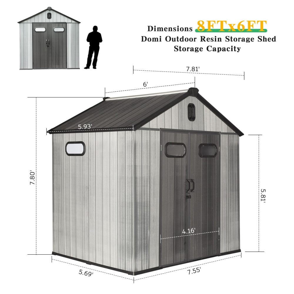 Generic 8x6 ft Resin Outdoor Storage Shed, Waterproof Lawn Equipment & Bike Shelter (Grey, 8x6 ft) 4m5o3
