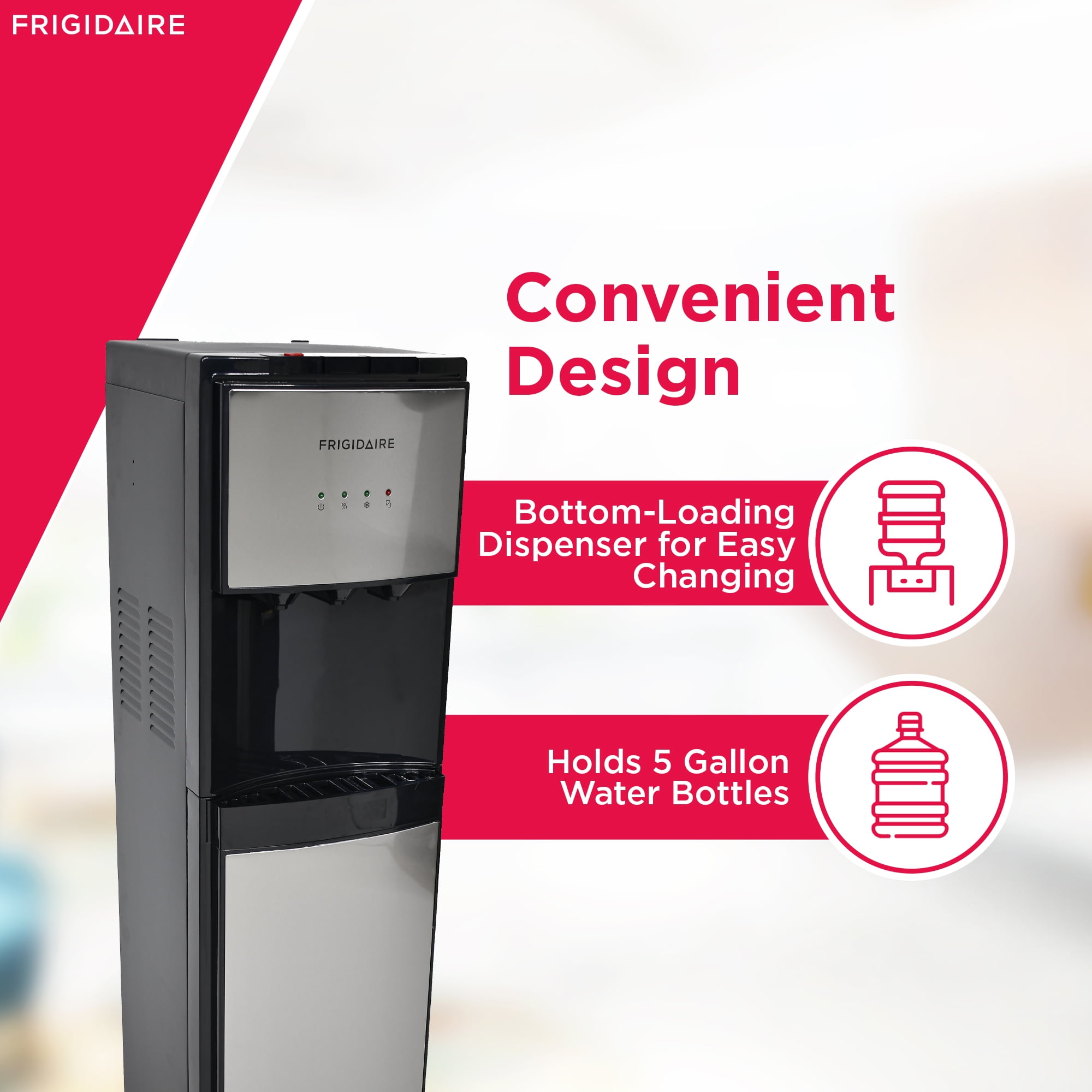 Frigidaire Bottom Loading Water Cooler Dispenser (Hot and Cold, Stainless Steel, 5 Gallon) e356g