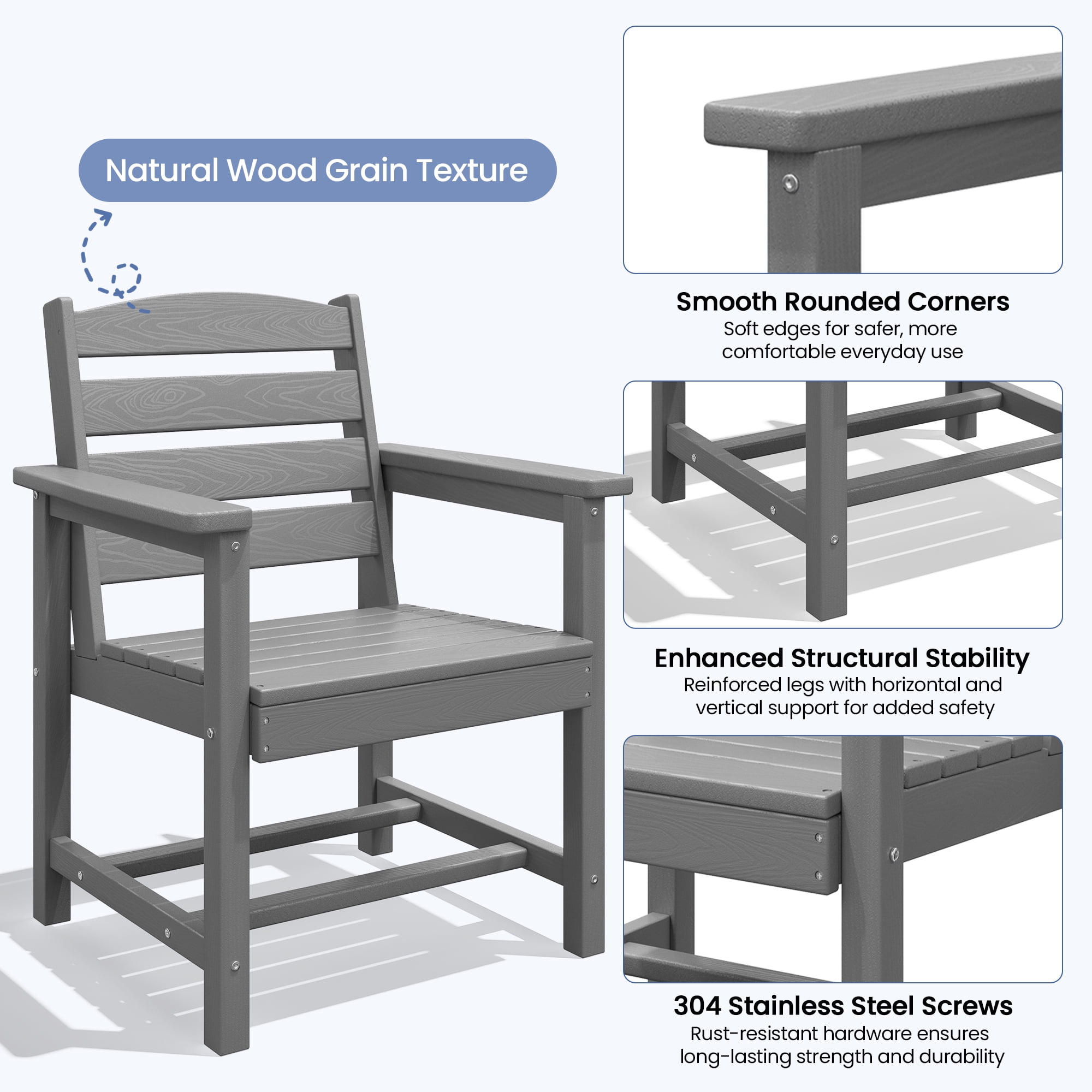 KINGYES All Weather Outdoor Dining Chairs, HDPE Oversized Patio Furniture (Gray, Set of 2) axlkx